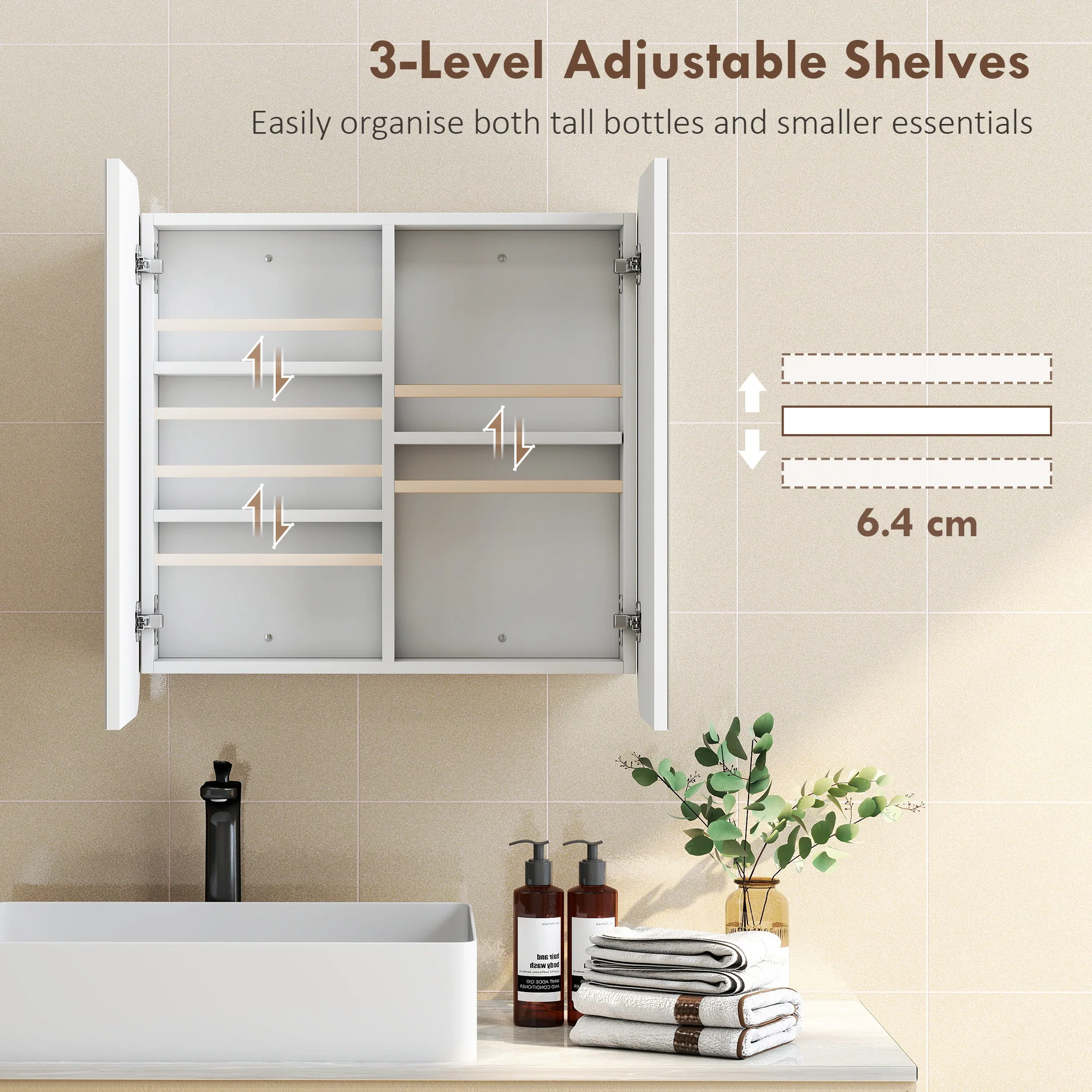 HOMCOM Arched Bathroom Mirror Cabinet, Wall Mounted Mirrored Cabinet - Image 6
