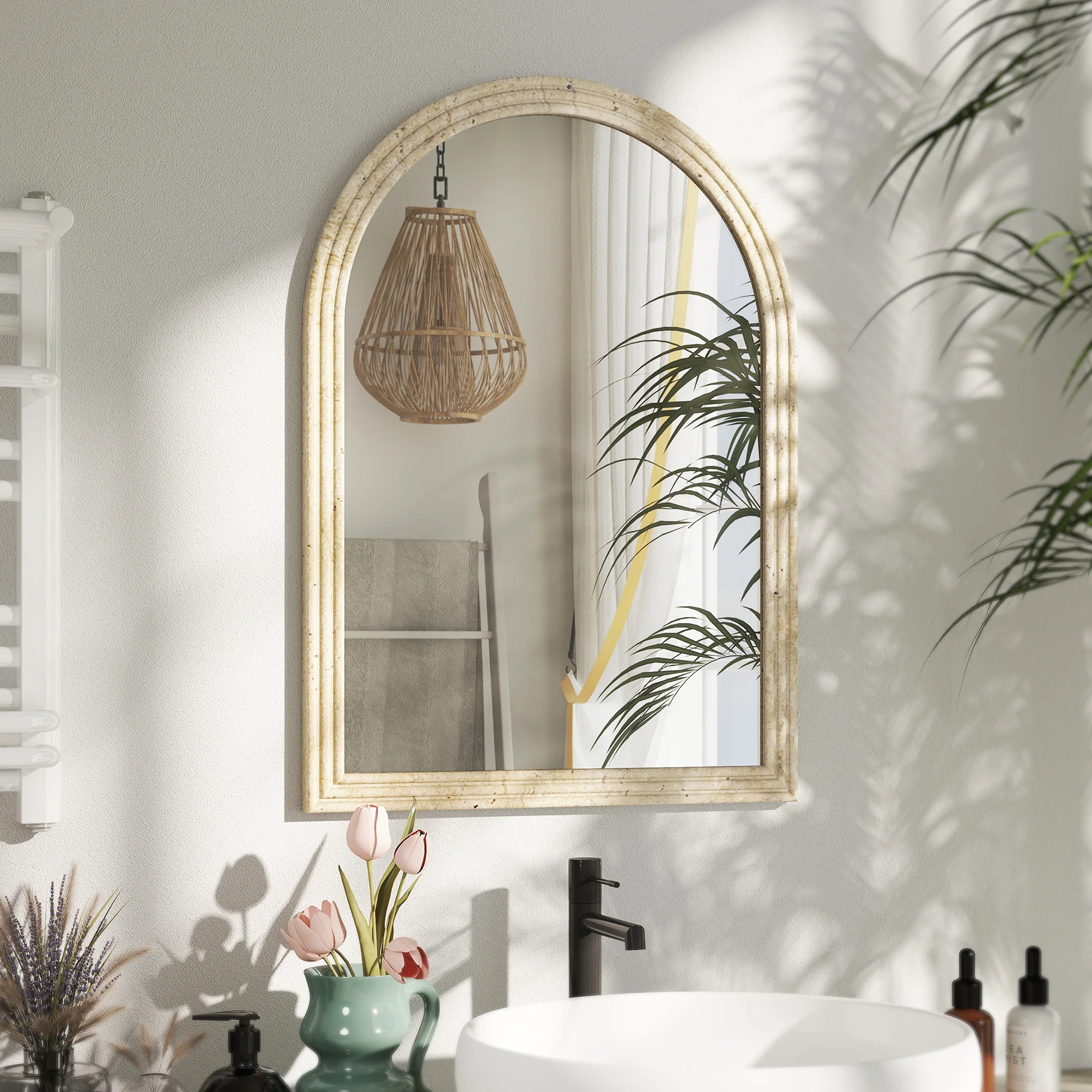 HOMCOM Arched Wall Mirror with Modern Tempered Glass & Polystyrene Beige - Image 2
