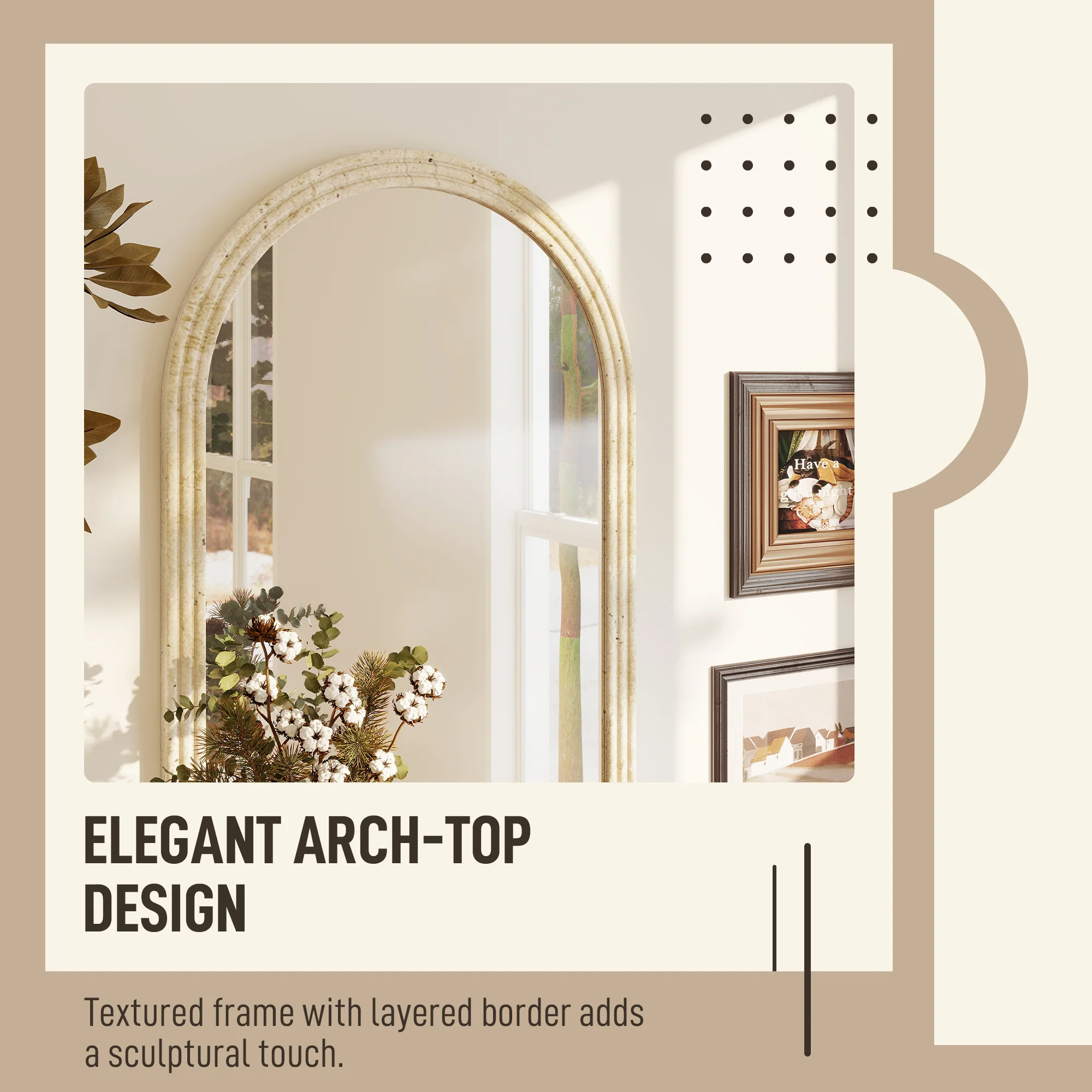 HOMCOM Arched Wall Mirror with Modern Tempered Glass & Polystyrene Beige - Image 4