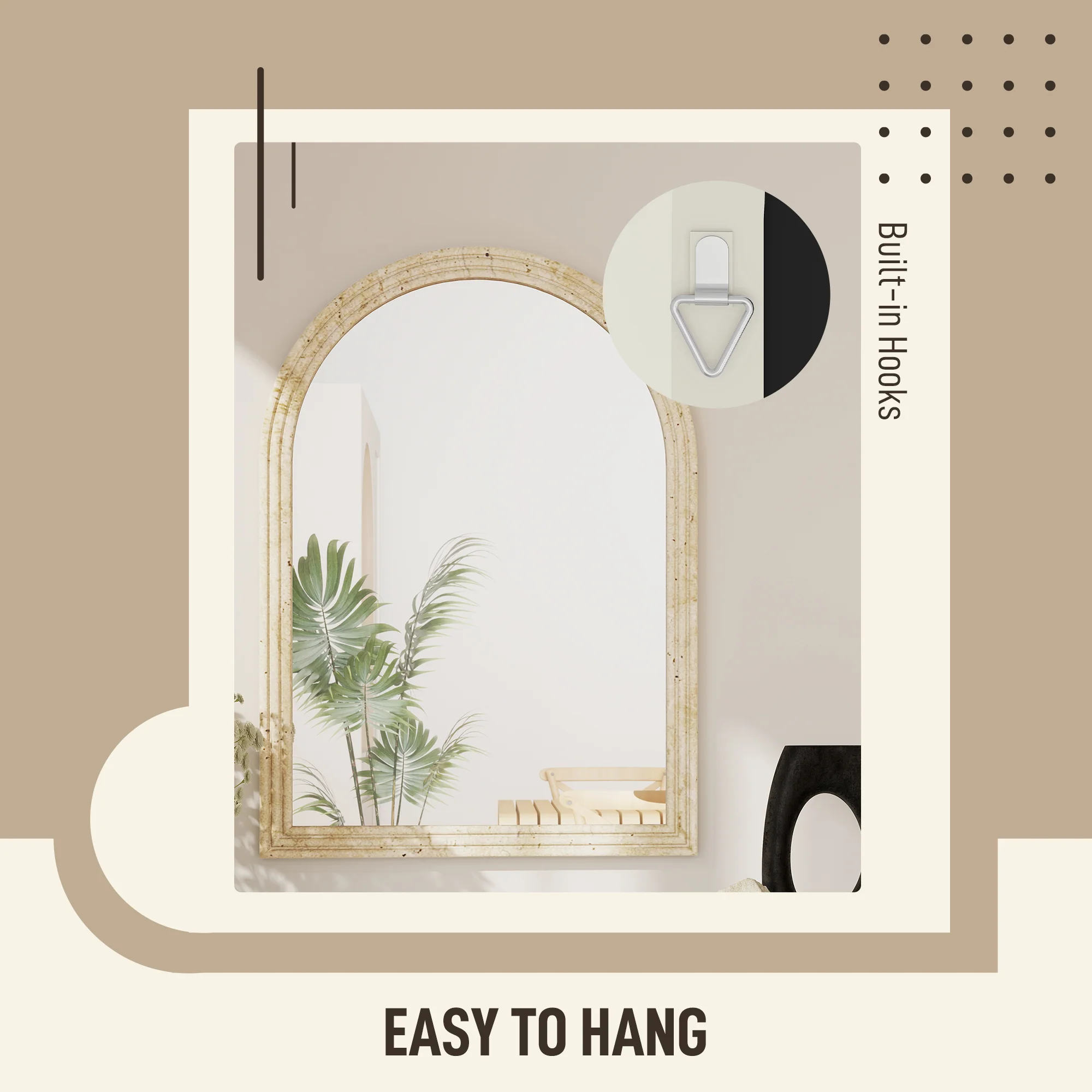 HOMCOM Arched Wall Mirror with Modern Tempered Glass & Polystyrene Beige - Image 5
