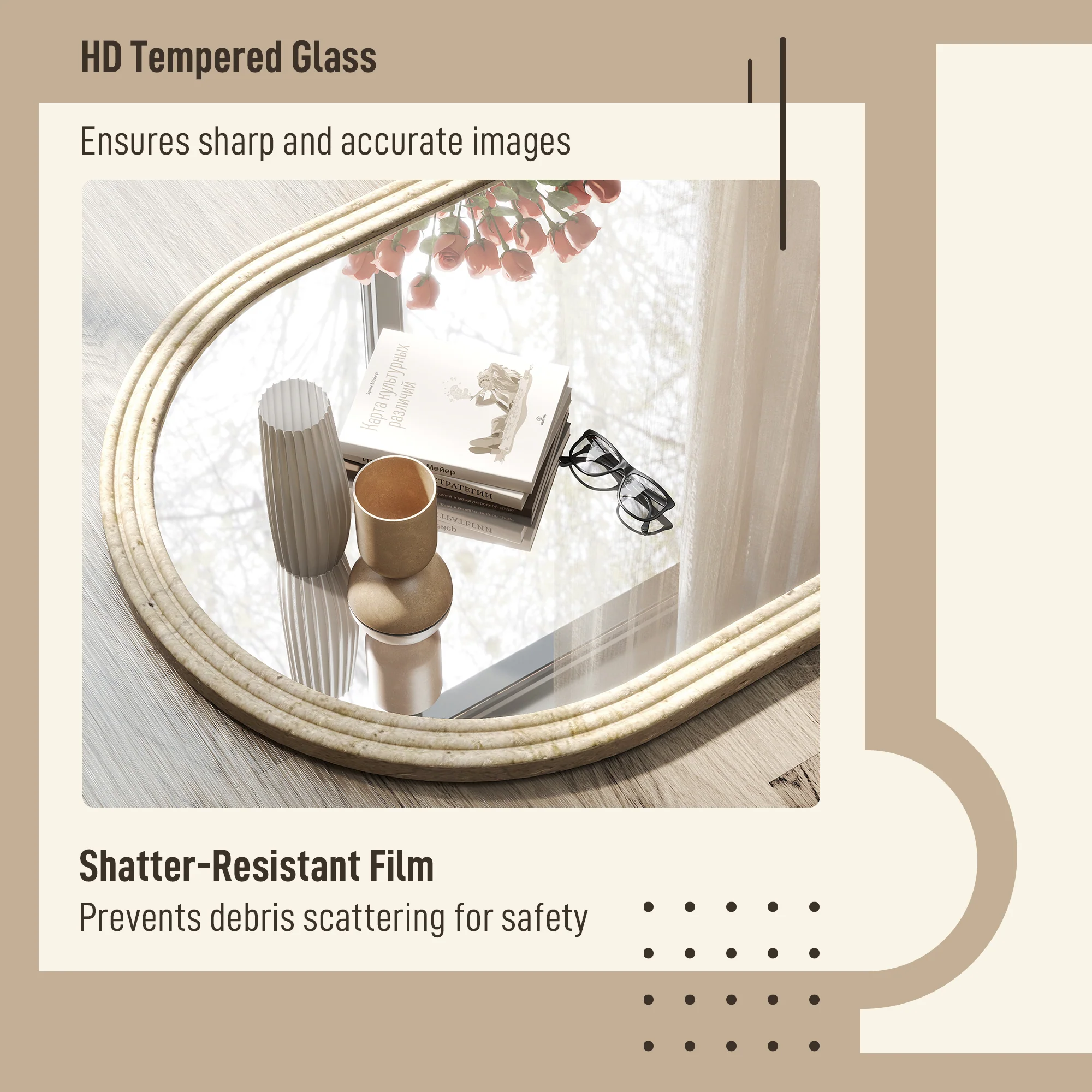 HOMCOM Arched Wall Mirror with Modern Tempered Glass & Polystyrene Beige - Image 6