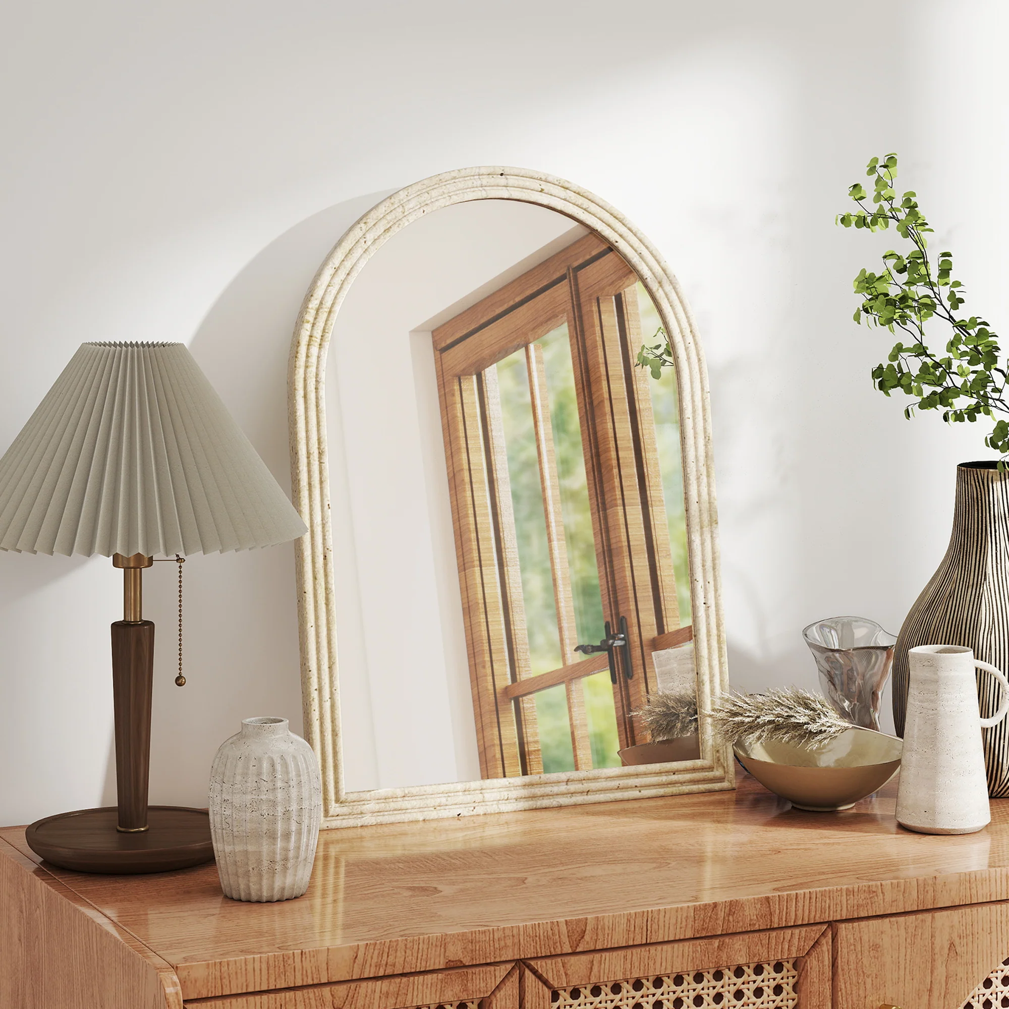 HOMCOM Arched Wall Mirror with Modern Tempered Glass & Polystyrene Beige - Image 7