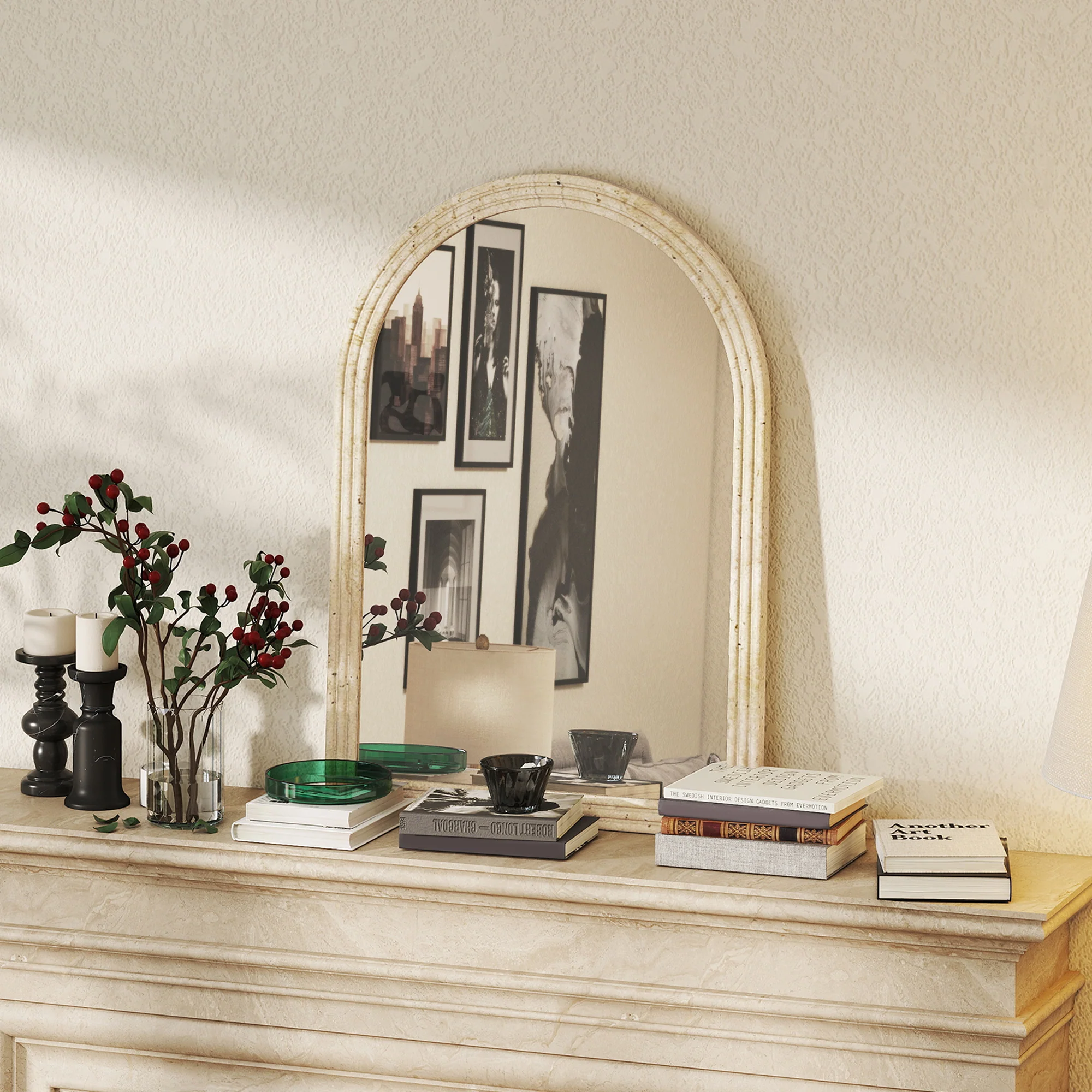 HOMCOM Arched Wall Mirror with Modern Tempered Glass & Polystyrene Beige - Image 8