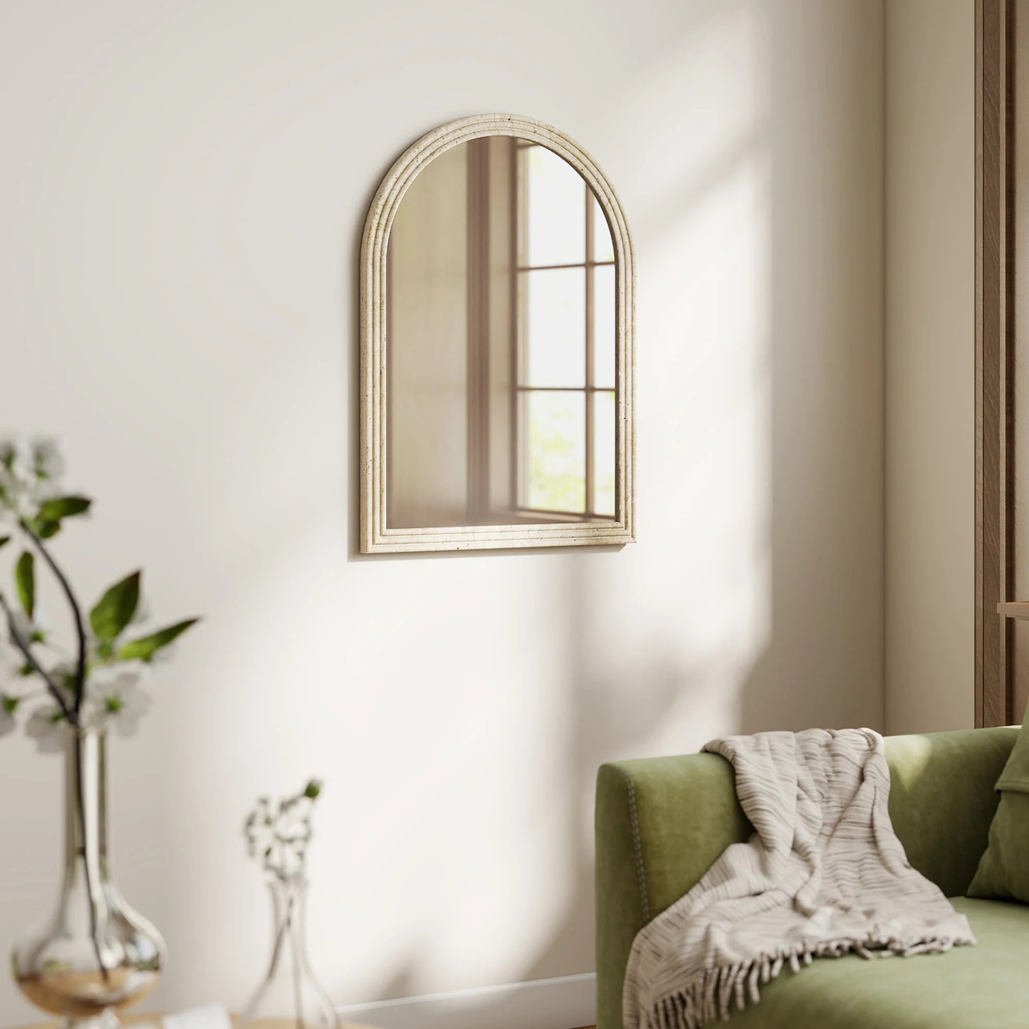 HOMCOM Arched Wall Mirror with Modern Tempered Glass & Polystyrene Beige - Image 9