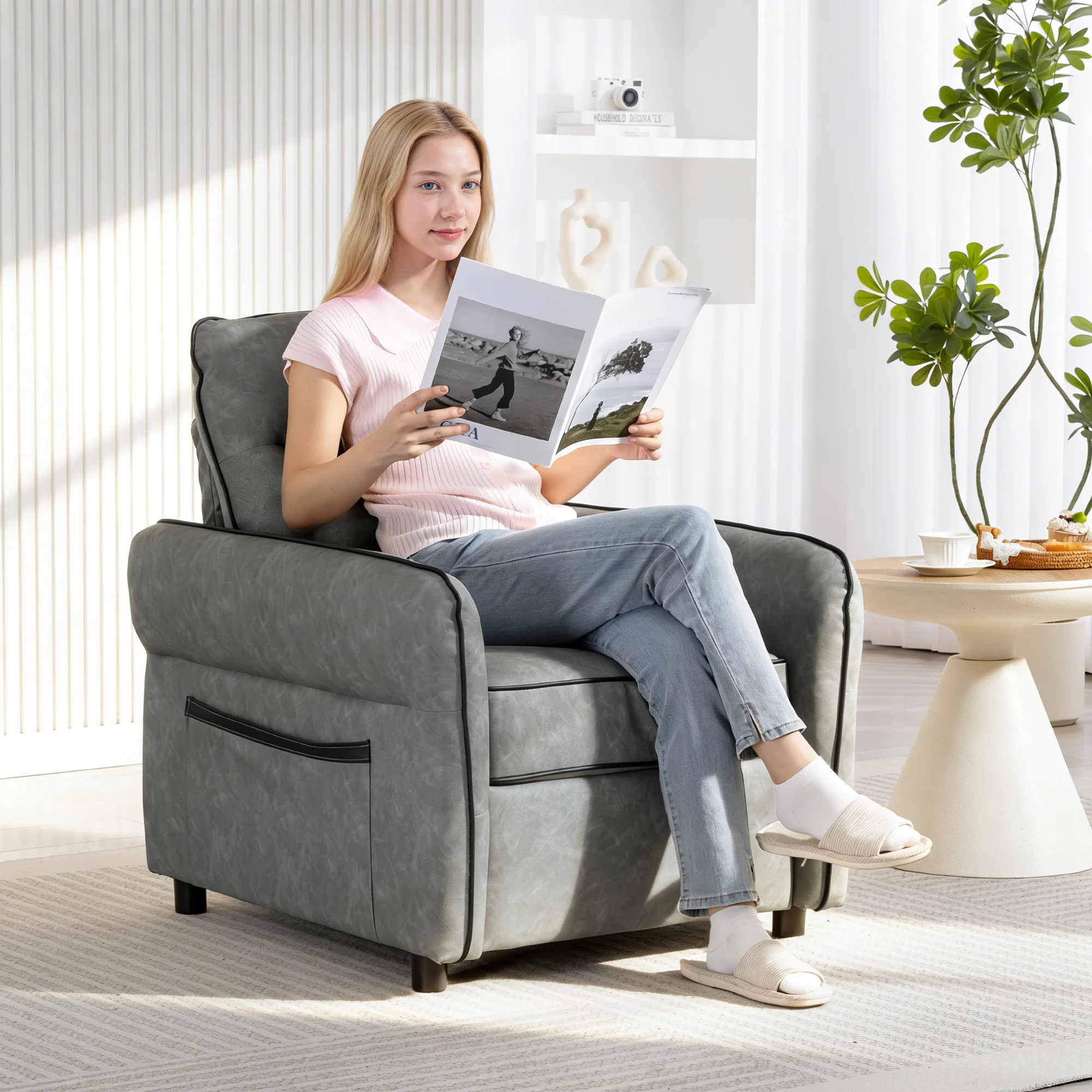 HOMCOM Armchair, Faux Leather Accent Chair with Thicken Cushion, Grey - Image 2