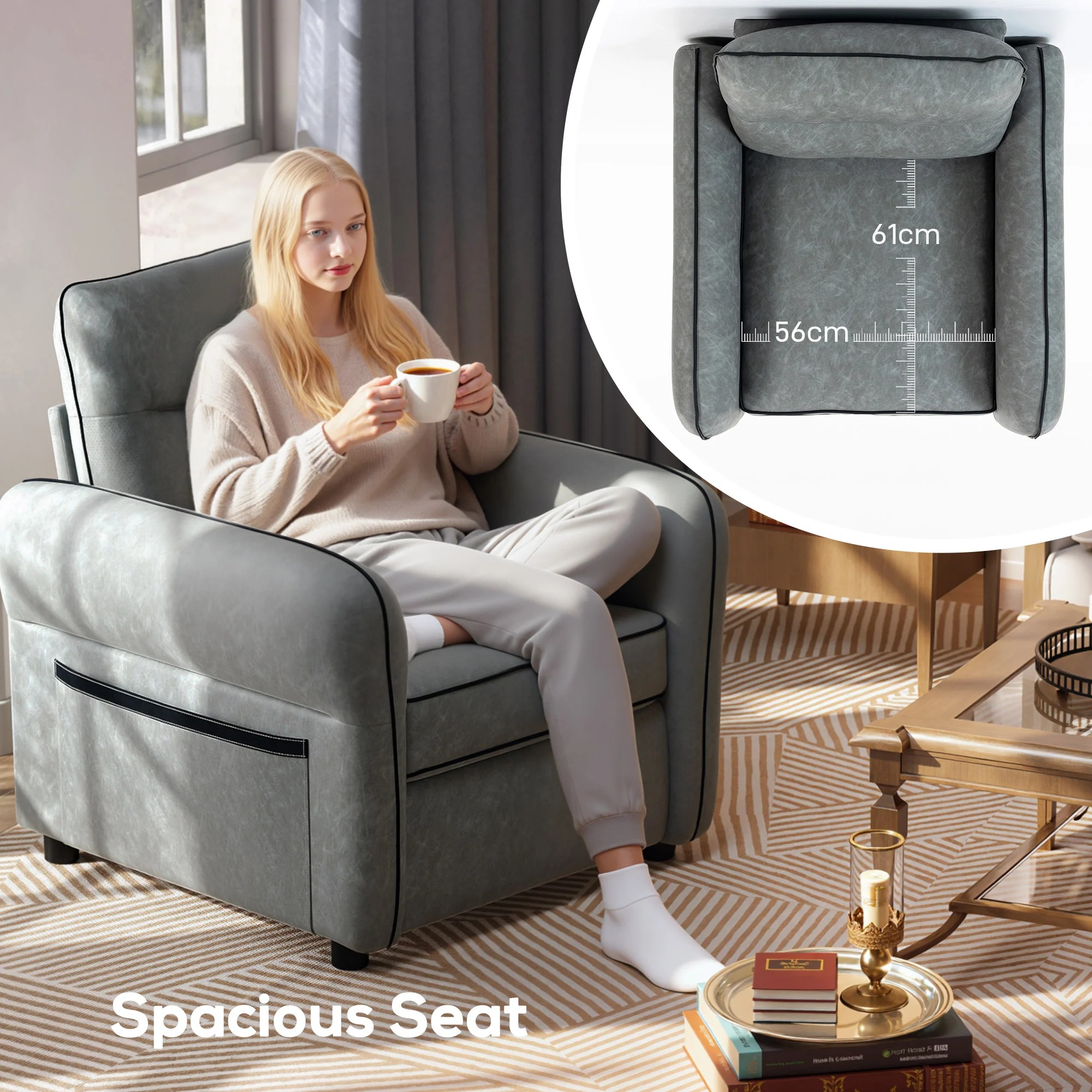 HOMCOM Armchair, Faux Leather Accent Chair with Thicken Cushion, Grey - Image 4