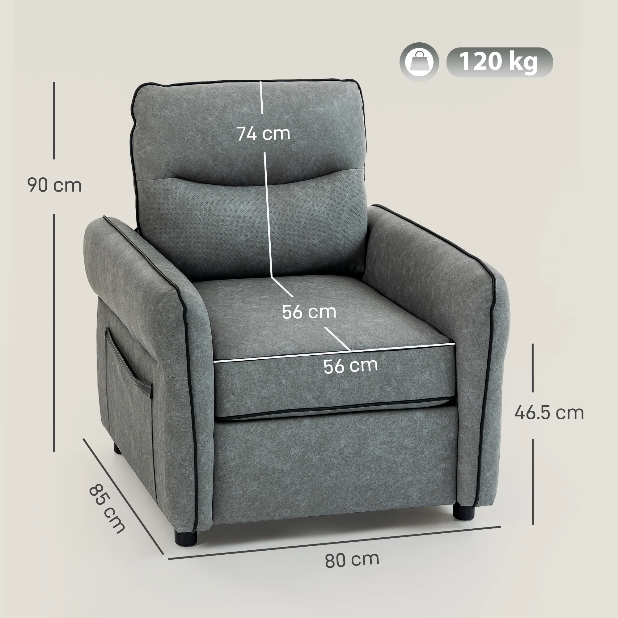 HOMCOM Armchair, Faux Leather Accent Chair with Thicken Cushion, Grey - Image 5