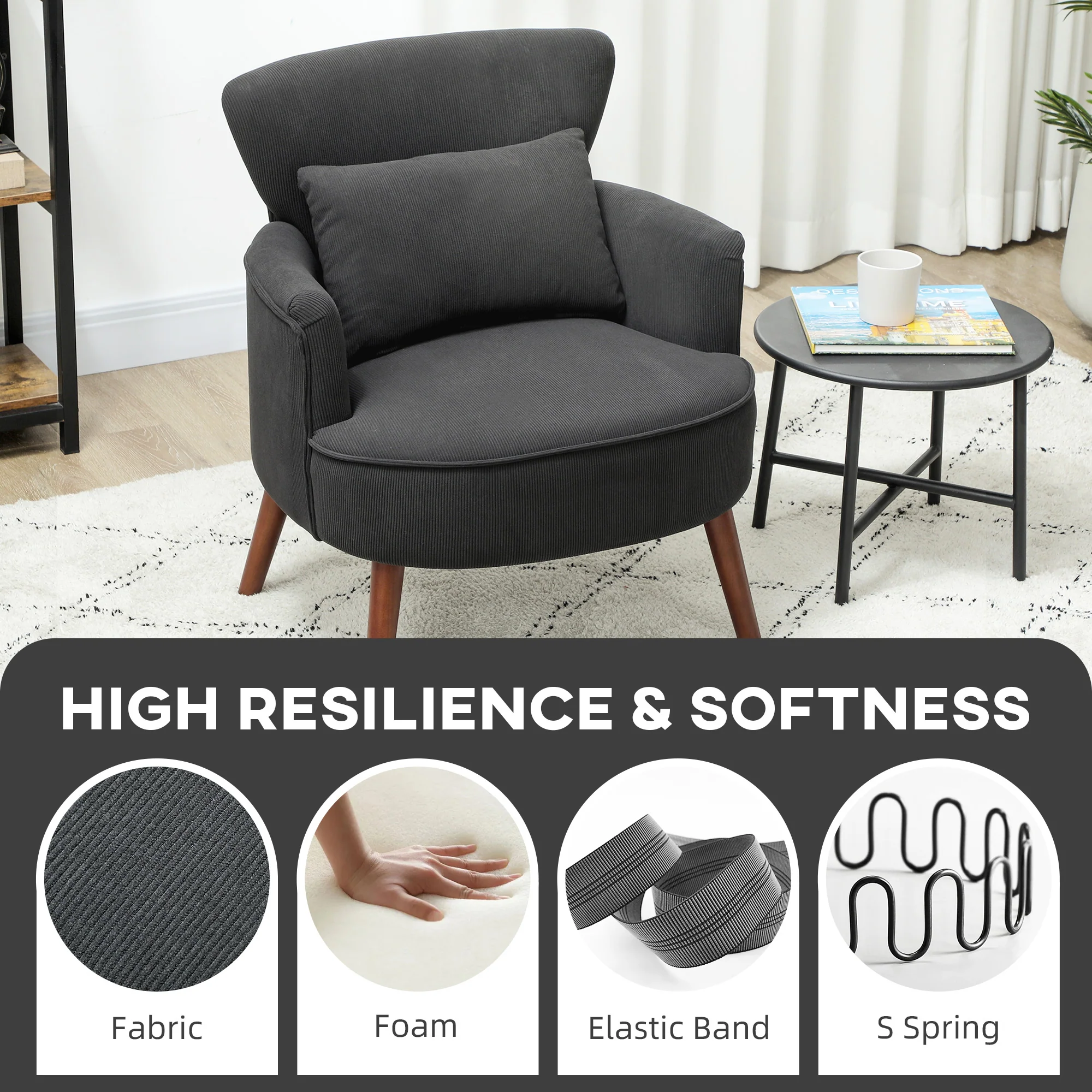 HOMCOM Armchair with Padded Seat and Backrest for Living Room, Black - Image 3