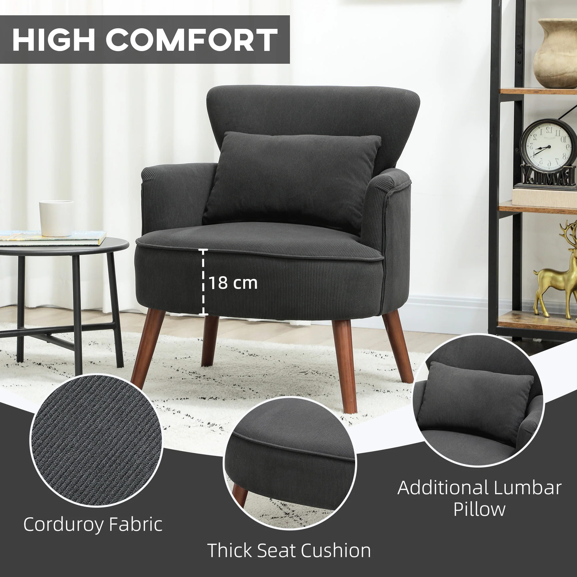 HOMCOM Armchair with Padded Seat and Backrest for Living Room, Black - Image 4