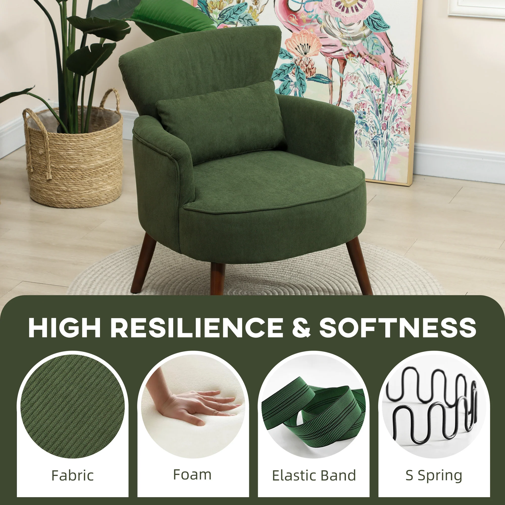 HOMCOM Armchair with Padded Seat and Backrest for Living Room, Green - Image 3