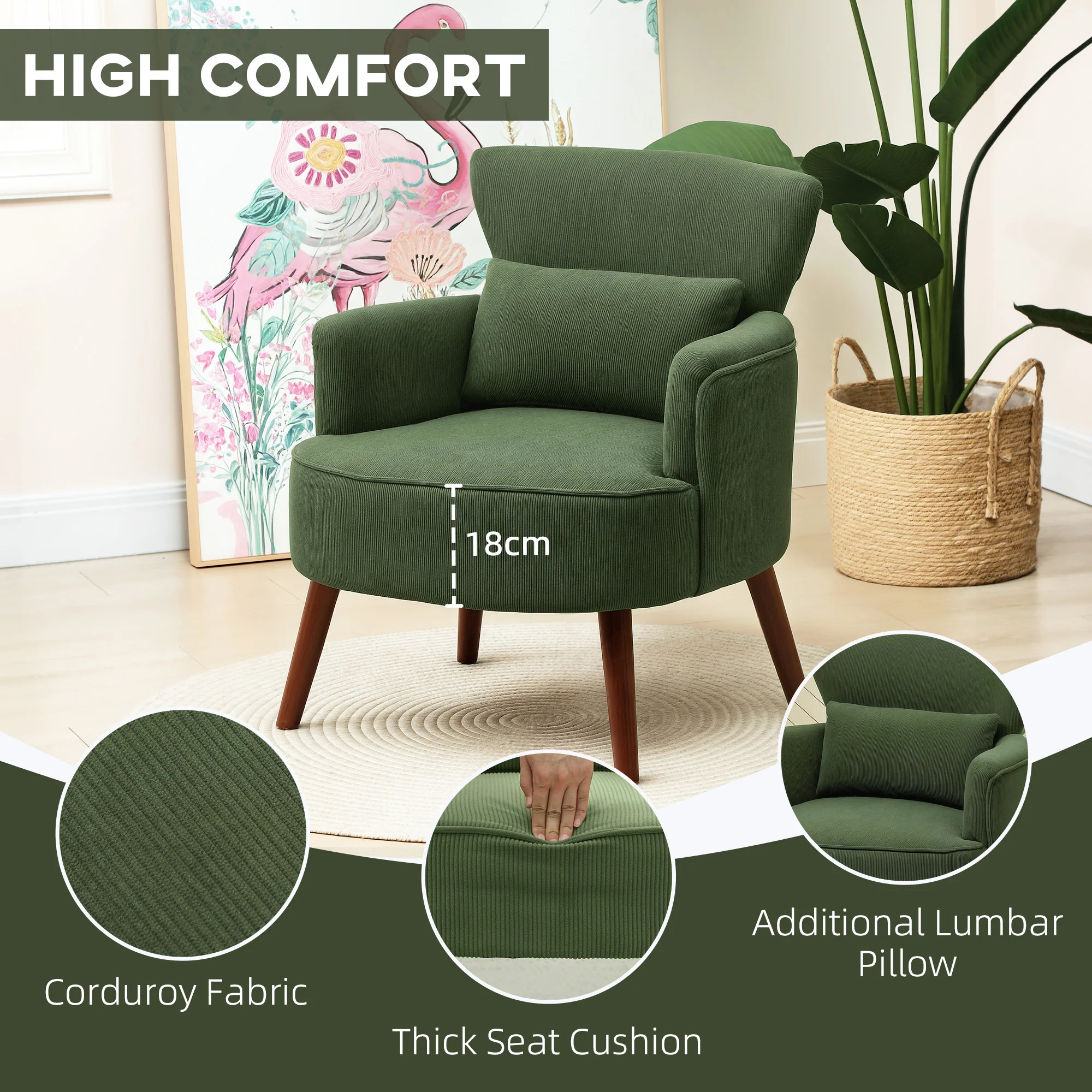 HOMCOM Armchair with Padded Seat and Backrest for Living Room, Green - Image 4