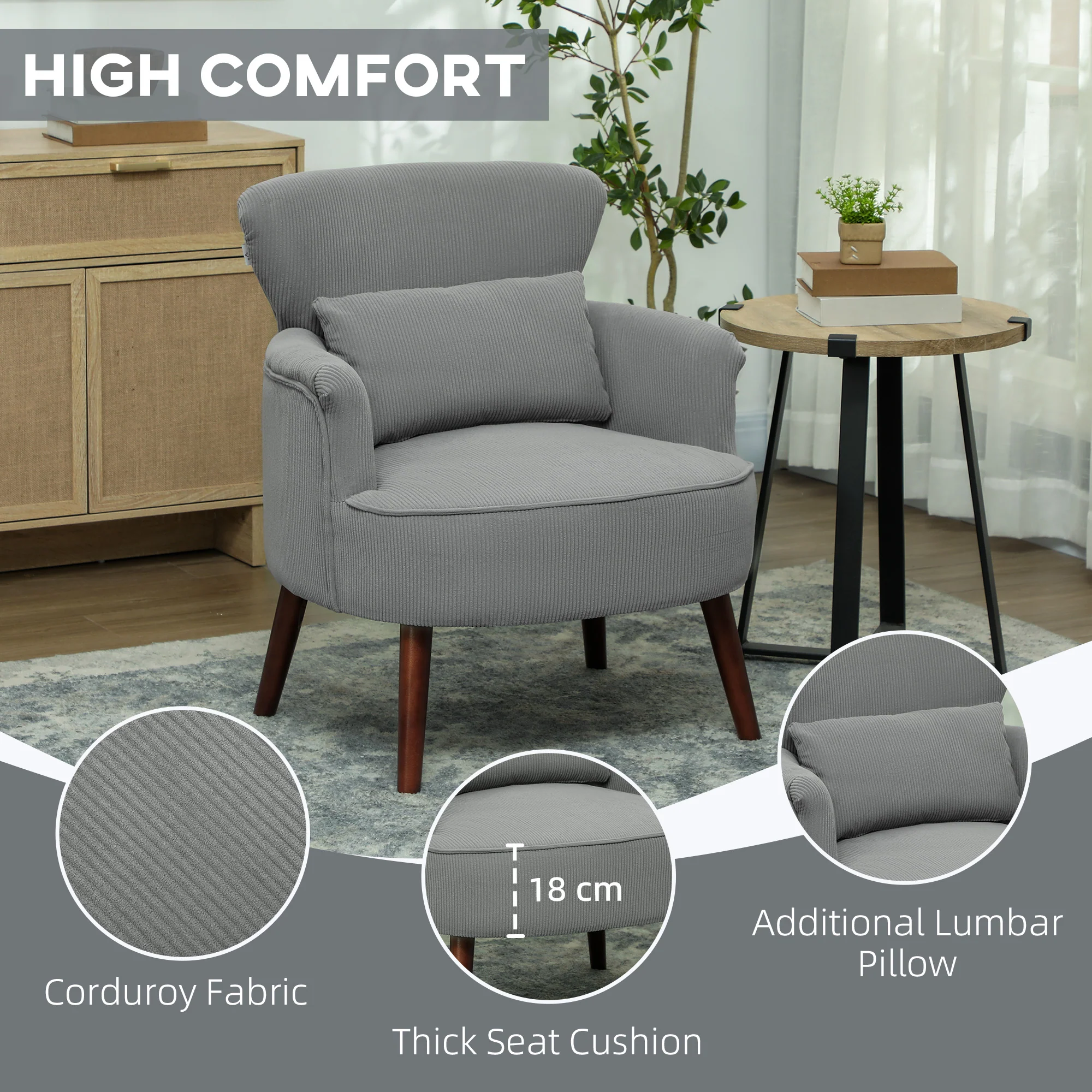 HOMCOM Armchair With Padded Seat And Backrest For Living Room, Light Grey - Image 4