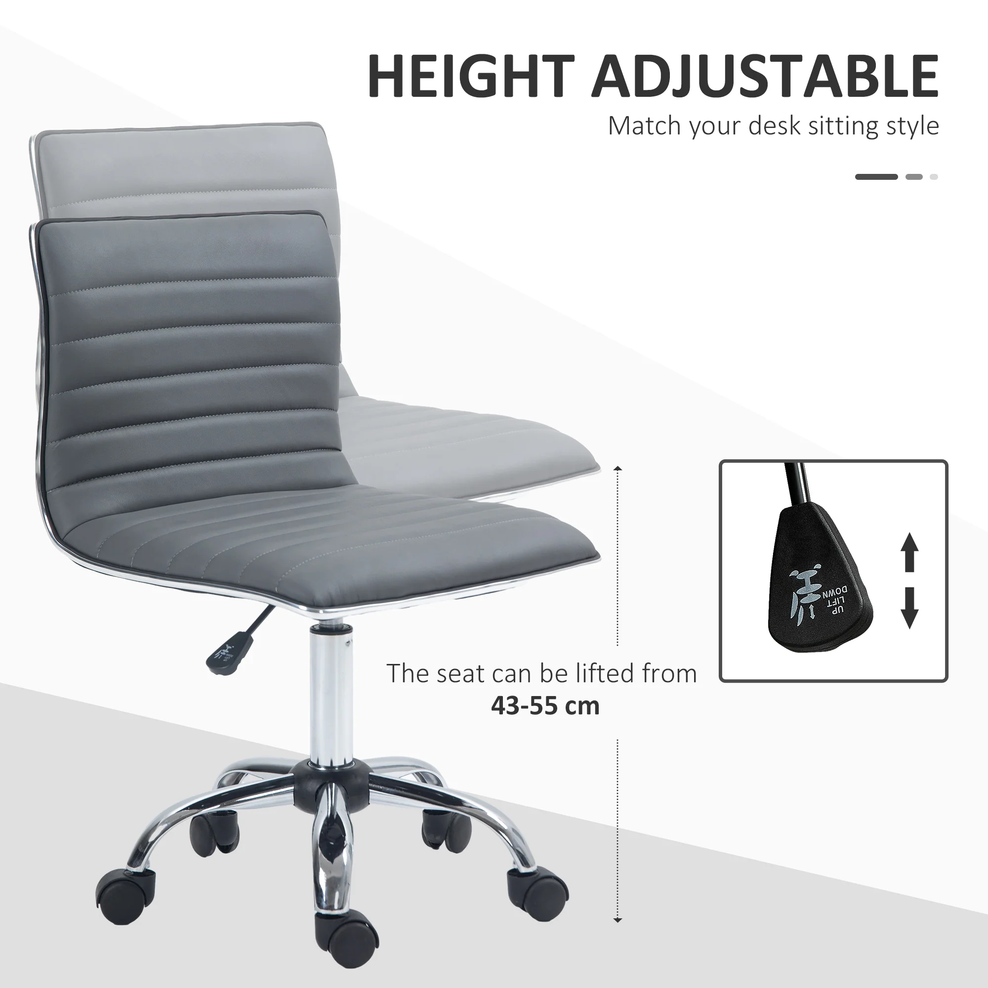 HOMCOM Armless Mid-Back Adjustable Office Chair With 360 Swivel Dark Grey - Image 3