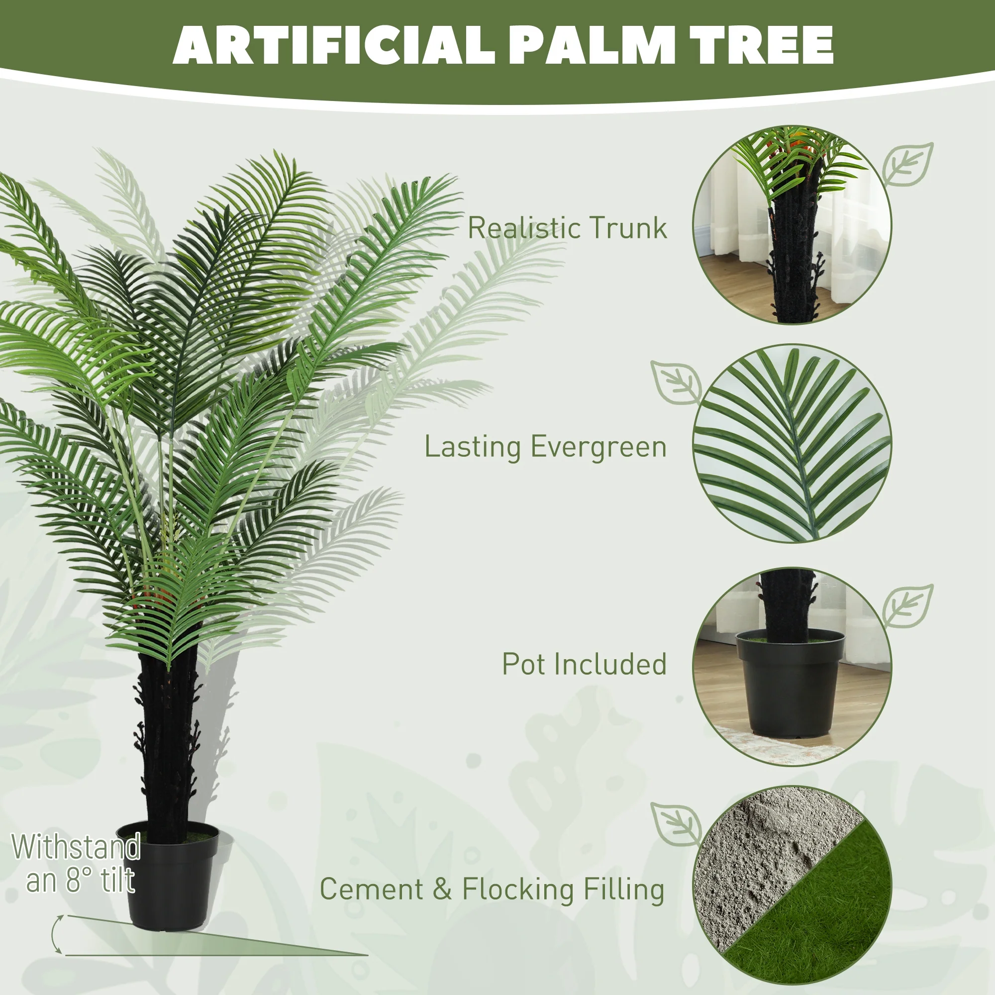 HOMCOM Artificial Areca Palm Tree With PE Leaves And Flocked Soil - Image 22