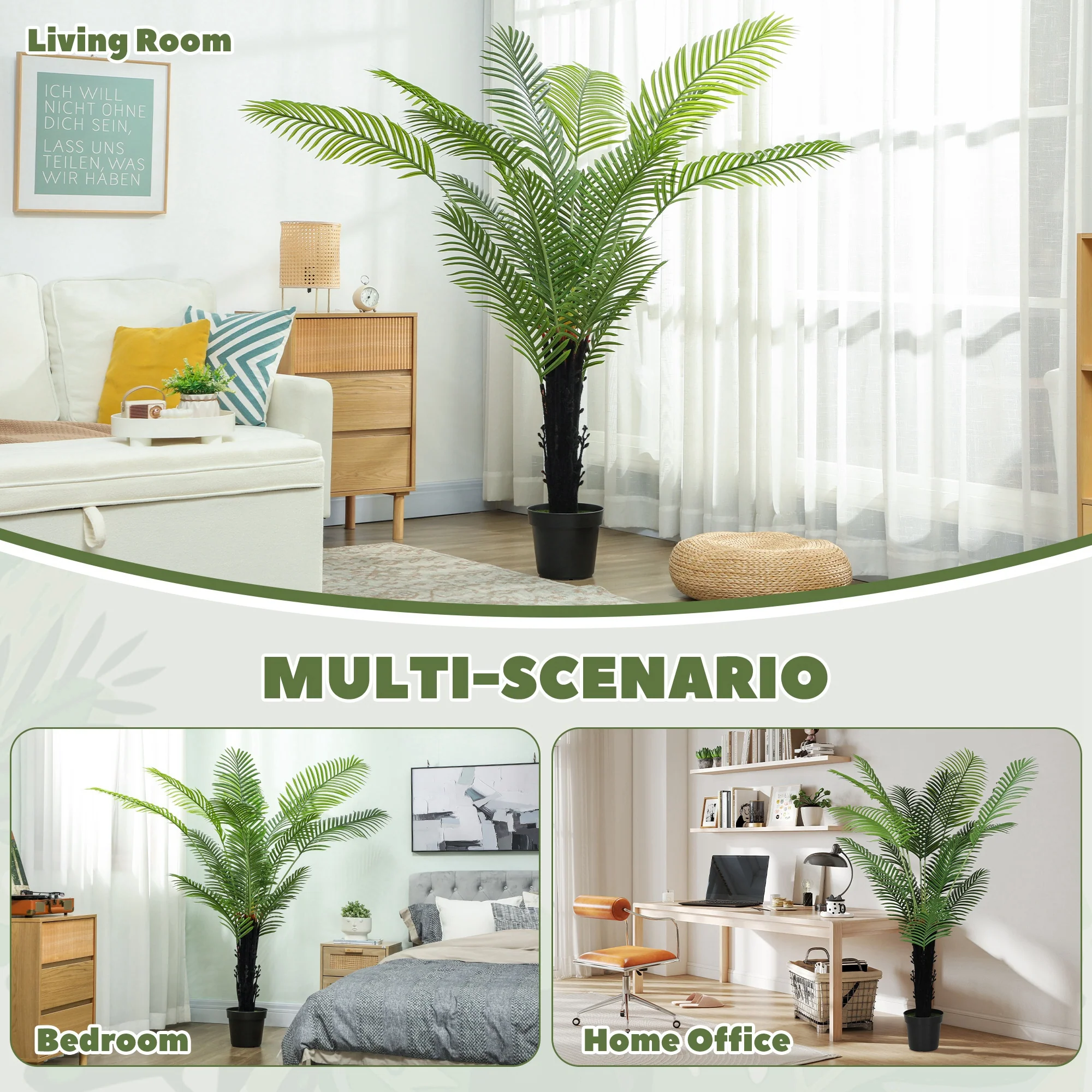 HOMCOM Artificial Areca Palm Tree With PE Leaves And Flocked Soil - Image 23