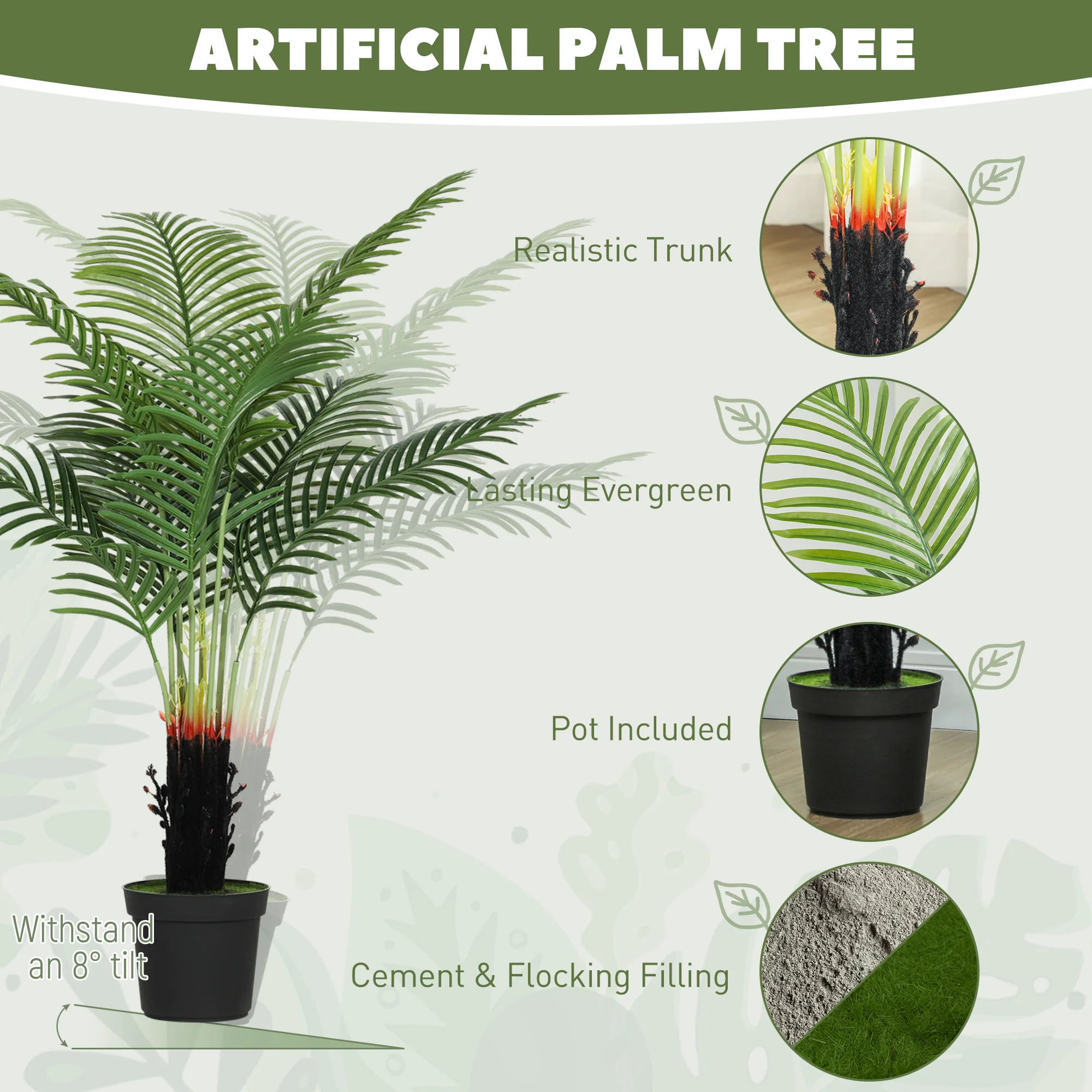 HOMCOM Artificial Areca Palm Tree With PE Leaves And Flocked Soil - Image 4