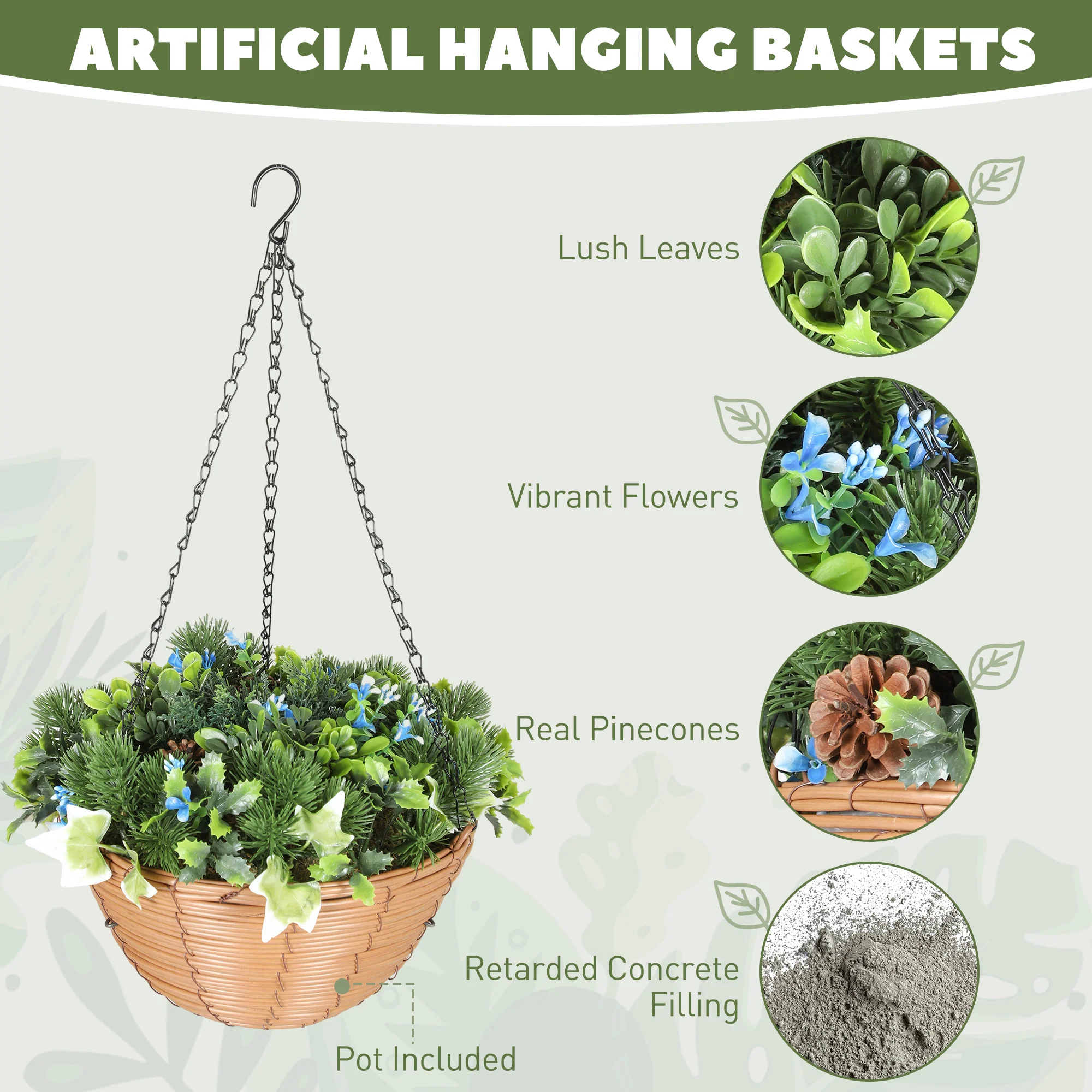 HOMCOM Artificial Flowers In Basket Set Of 2 With PE Leaves And 18 Flowers - Image 4