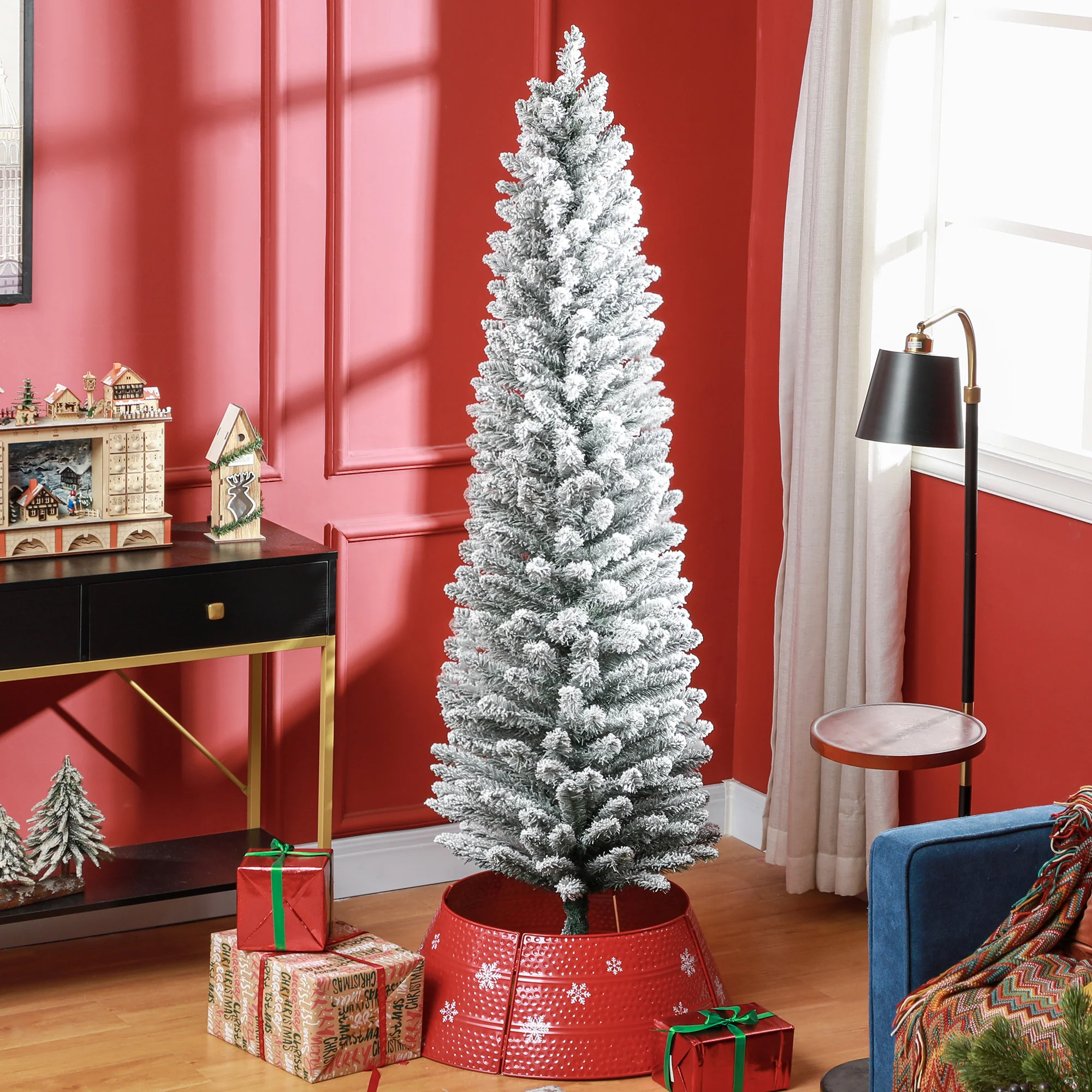 HOMCOM Artificial Pencil Christmas Tree With Snow Flocked Tips, Green - Image 2