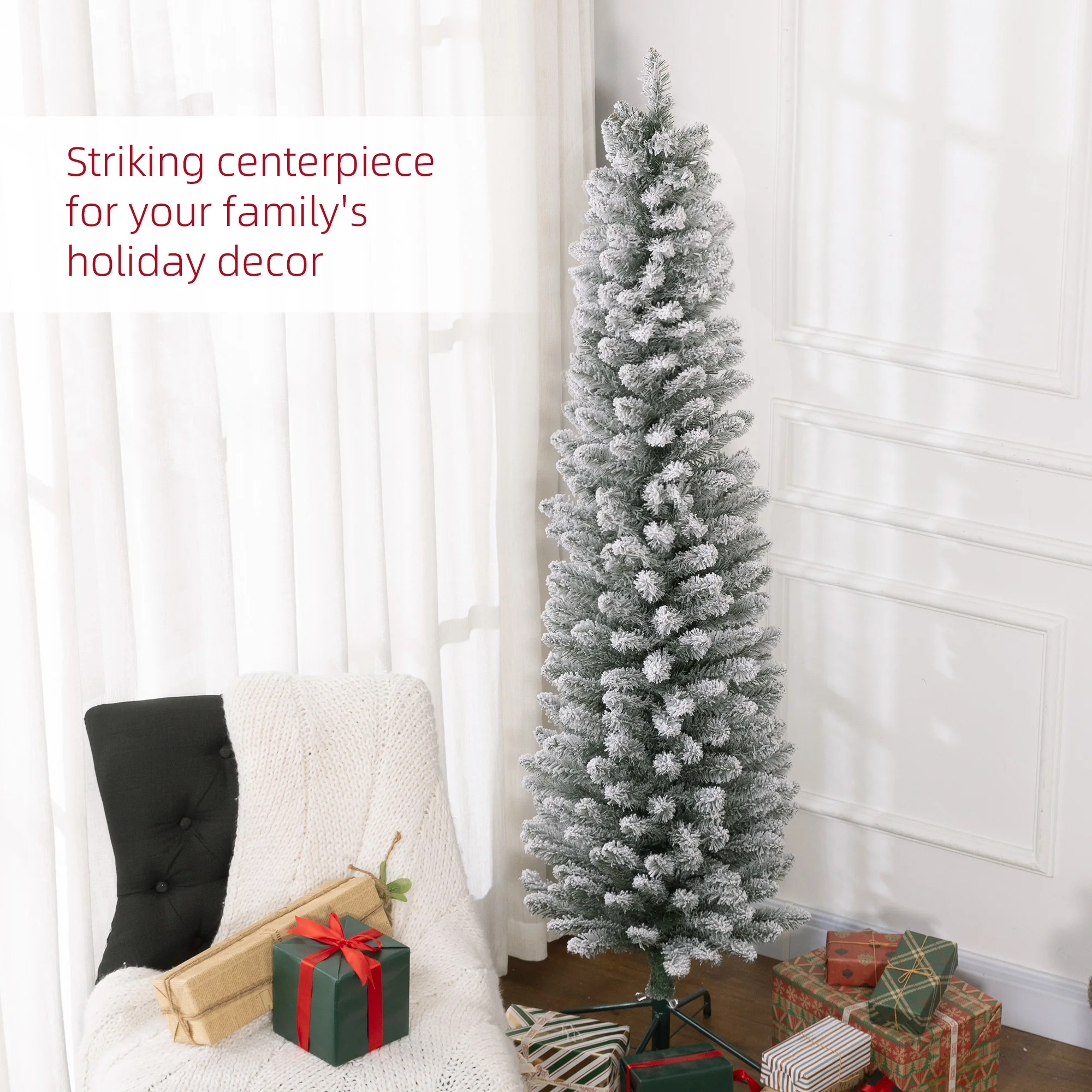HOMCOM Artificial Pencil Christmas Tree With Snow Flocked Tips, Green - Image 4