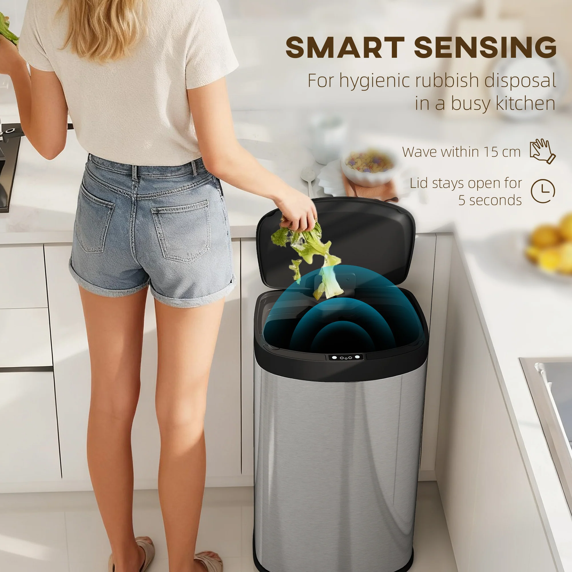 HOMCOM Automatic Kitchen Bin with Soft-Close Lid, 55L Sensor Wastebasket - Image 3