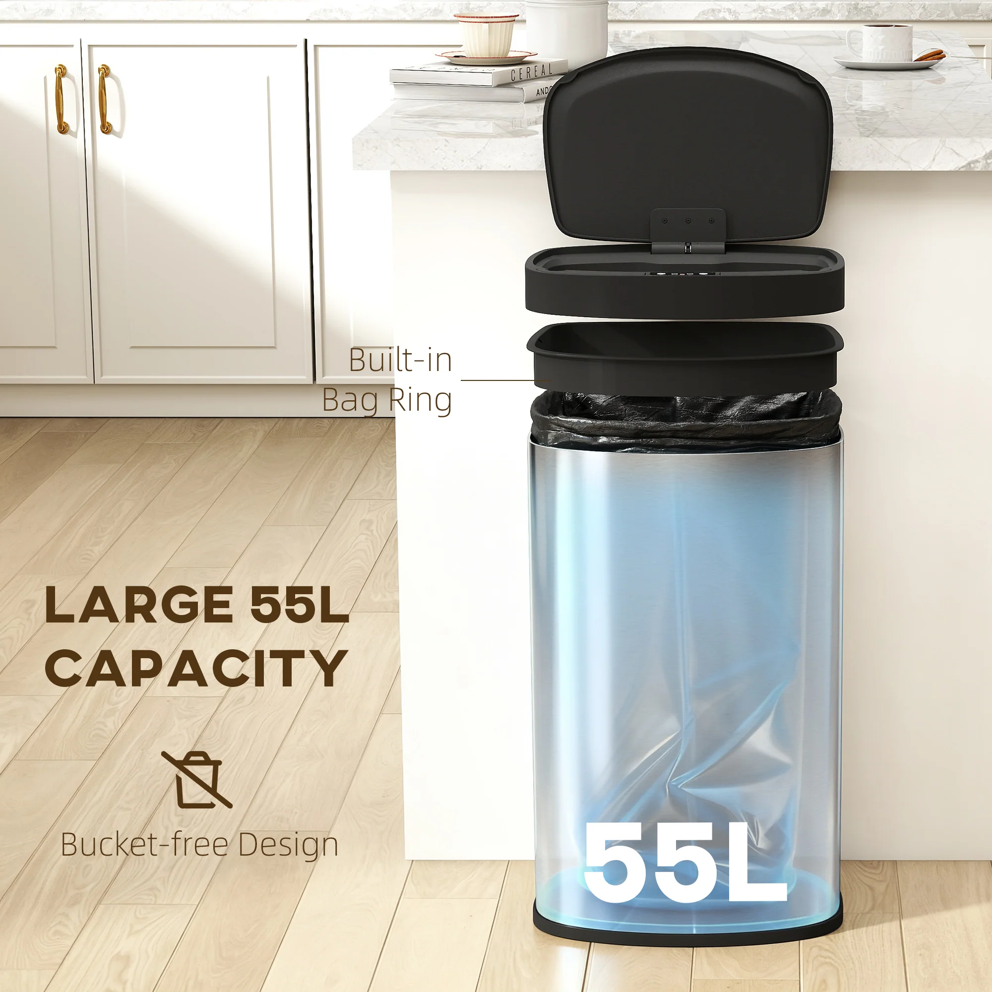 HOMCOM Automatic Kitchen Bin with Soft-Close Lid, 55L Sensor Wastebasket - Image 4
