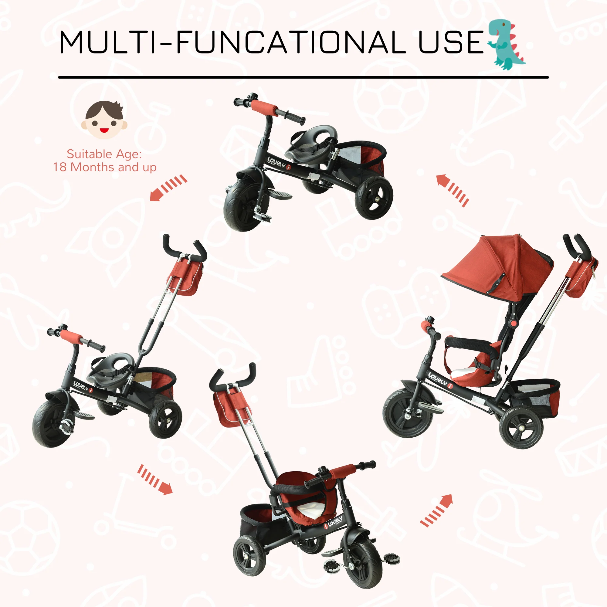 HOMCOM Baby Ride On Tricycle W/Canopy-Red - Image 3
