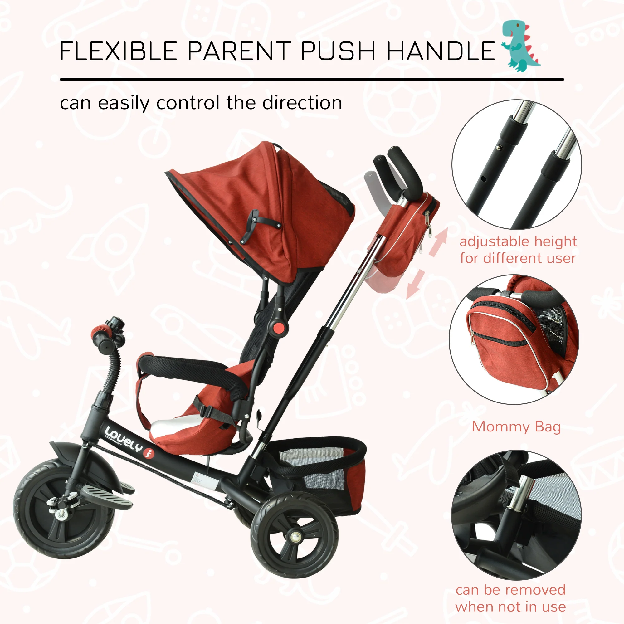 HOMCOM Baby Ride On Tricycle W/Canopy-Red - Image 4