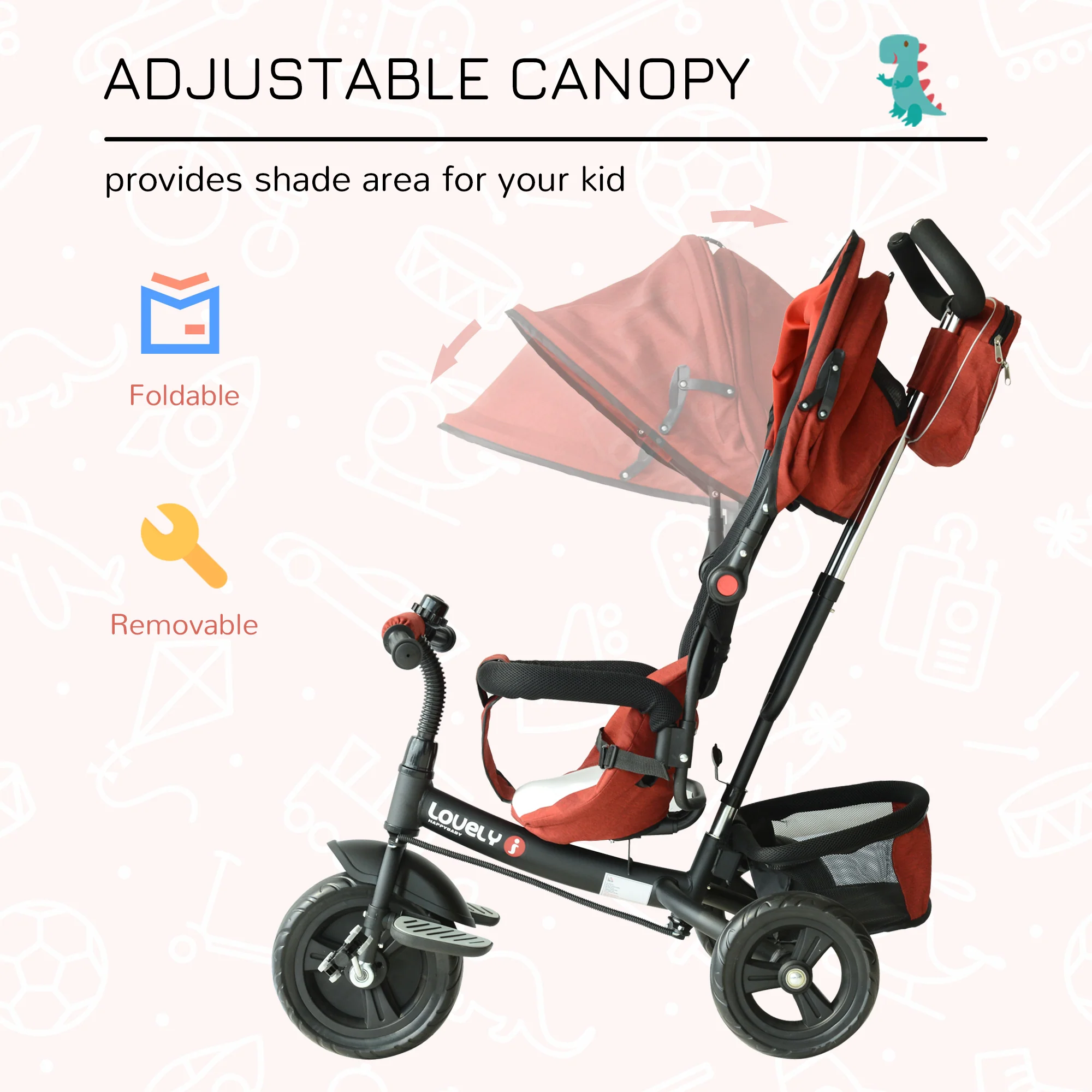 HOMCOM Baby Ride On Tricycle W/Canopy-Red - Image 6
