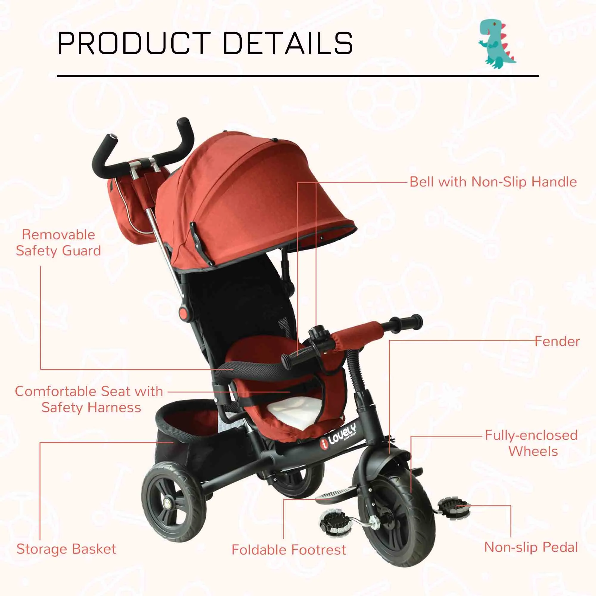HOMCOM Baby Ride On Tricycle W/Canopy-Red - Image 7