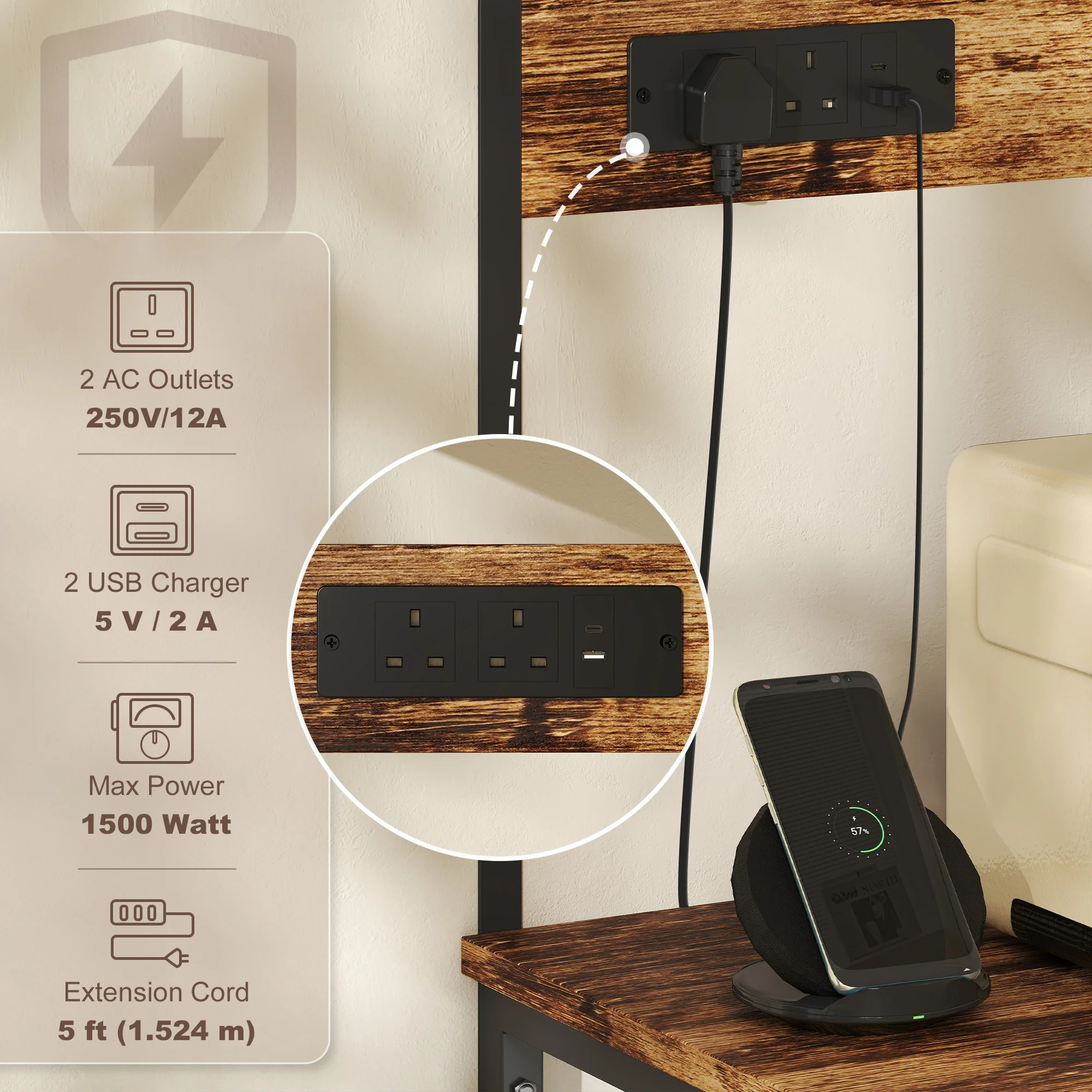 HOMCOM Bakers Rack with Power Outlet, 5 Hooks, Microwave Stand, Brown - Image 3