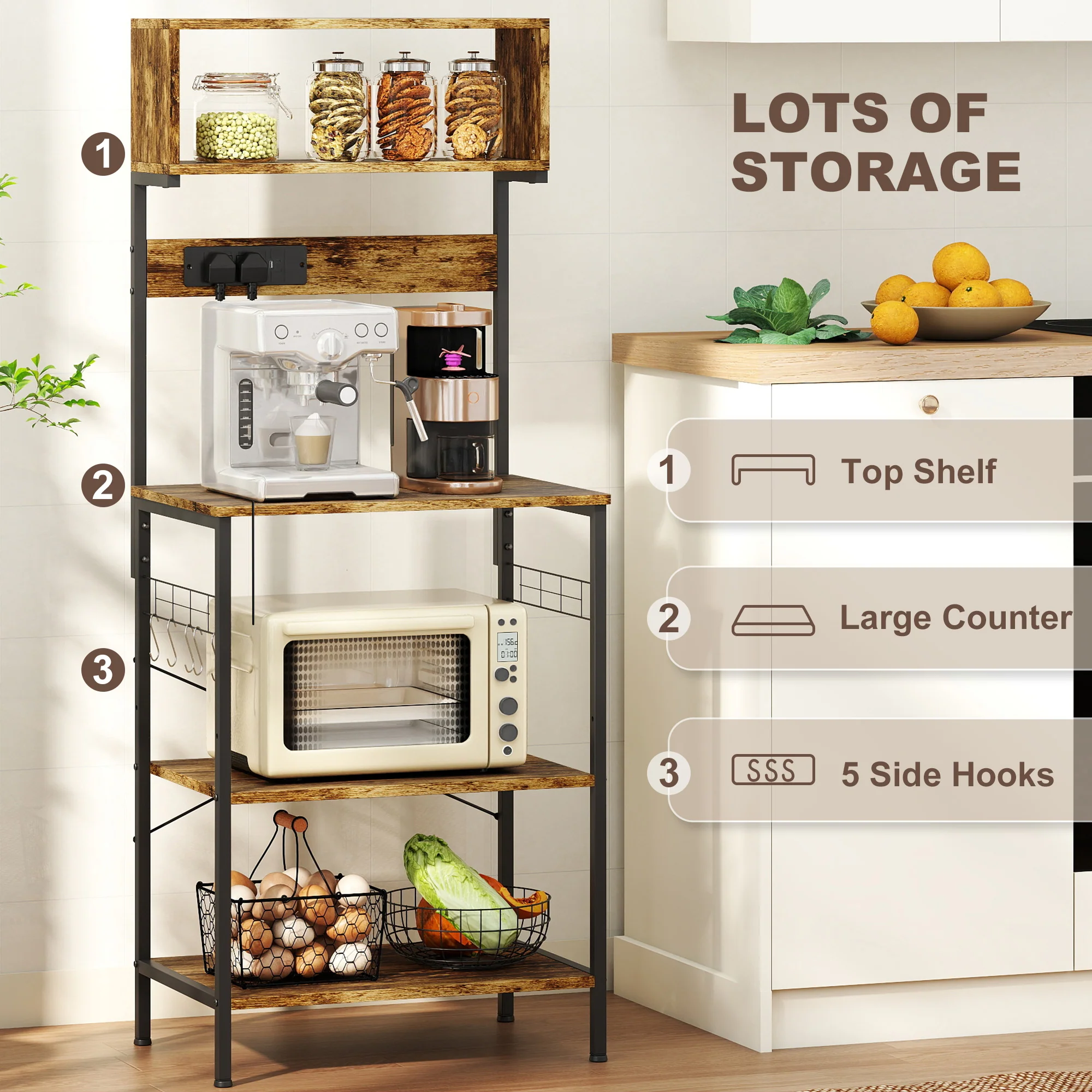 HOMCOM Bakers Rack with Power Outlet, 5 Hooks, Microwave Stand, Brown - Image 6