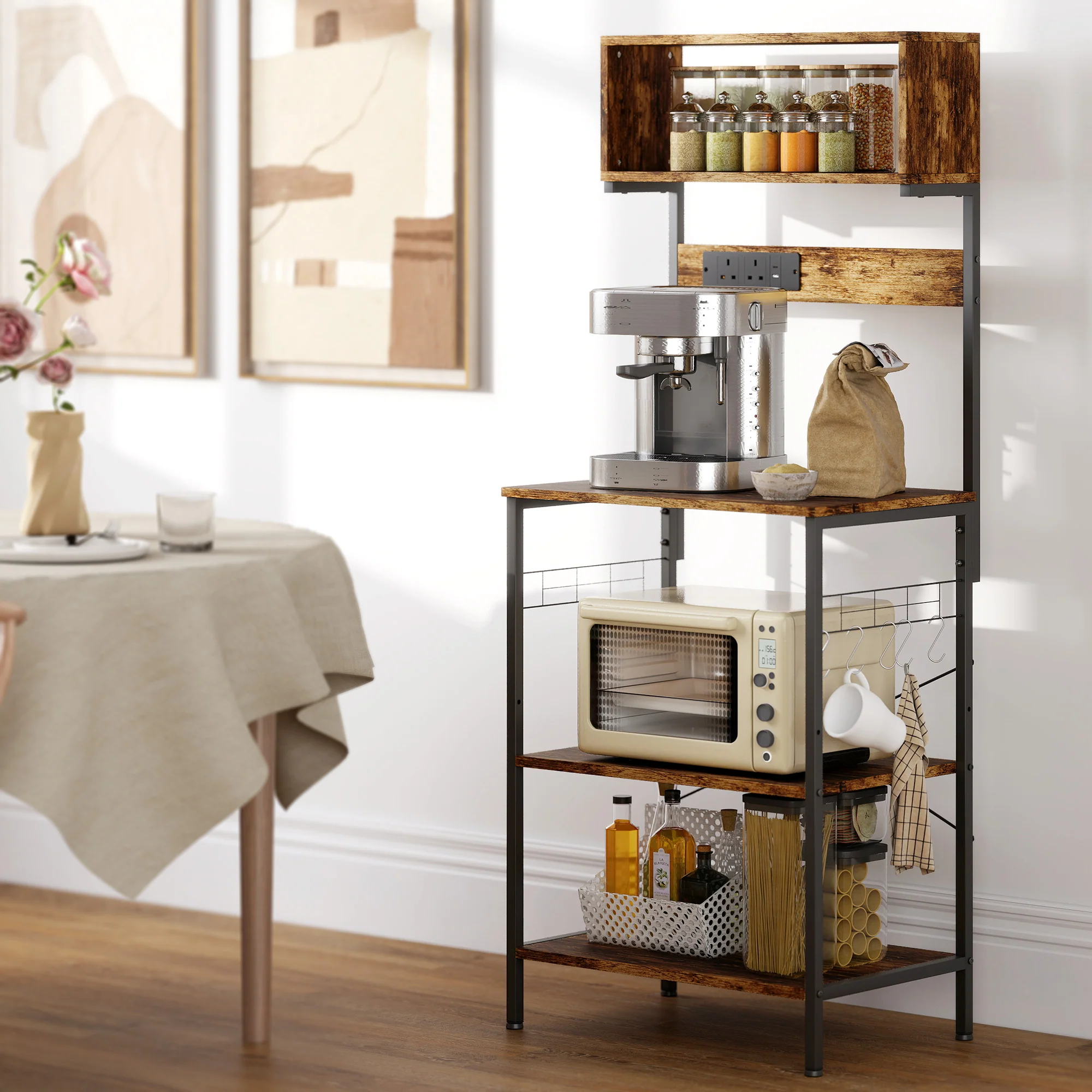 HOMCOM Bakers Rack with Power Outlet, 5 Hooks, Microwave Stand, Brown - Image 8