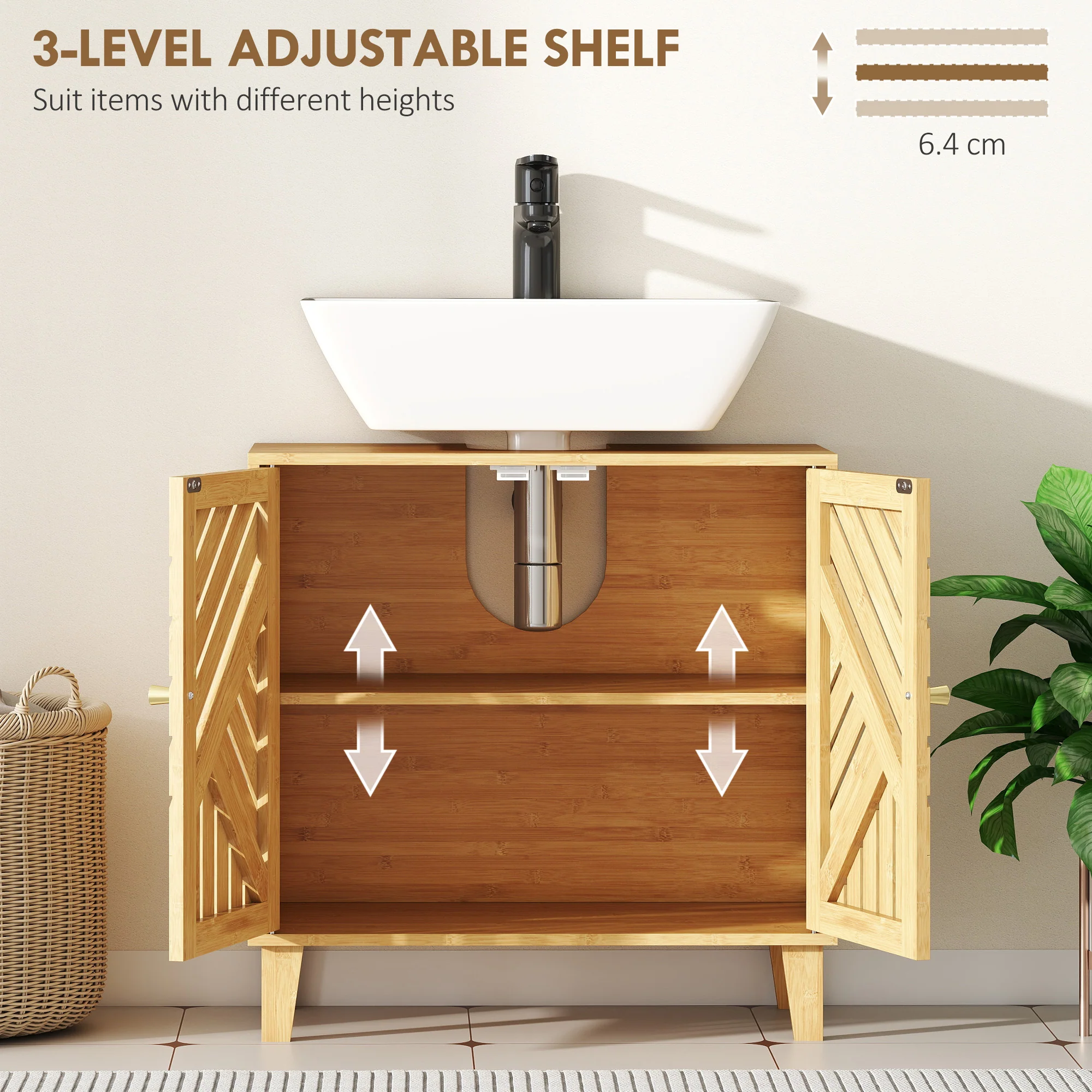 HOMCOM Bamboo Bathroom Under Sink Cabinet With Adjustable Shelf, Natural - Image 6