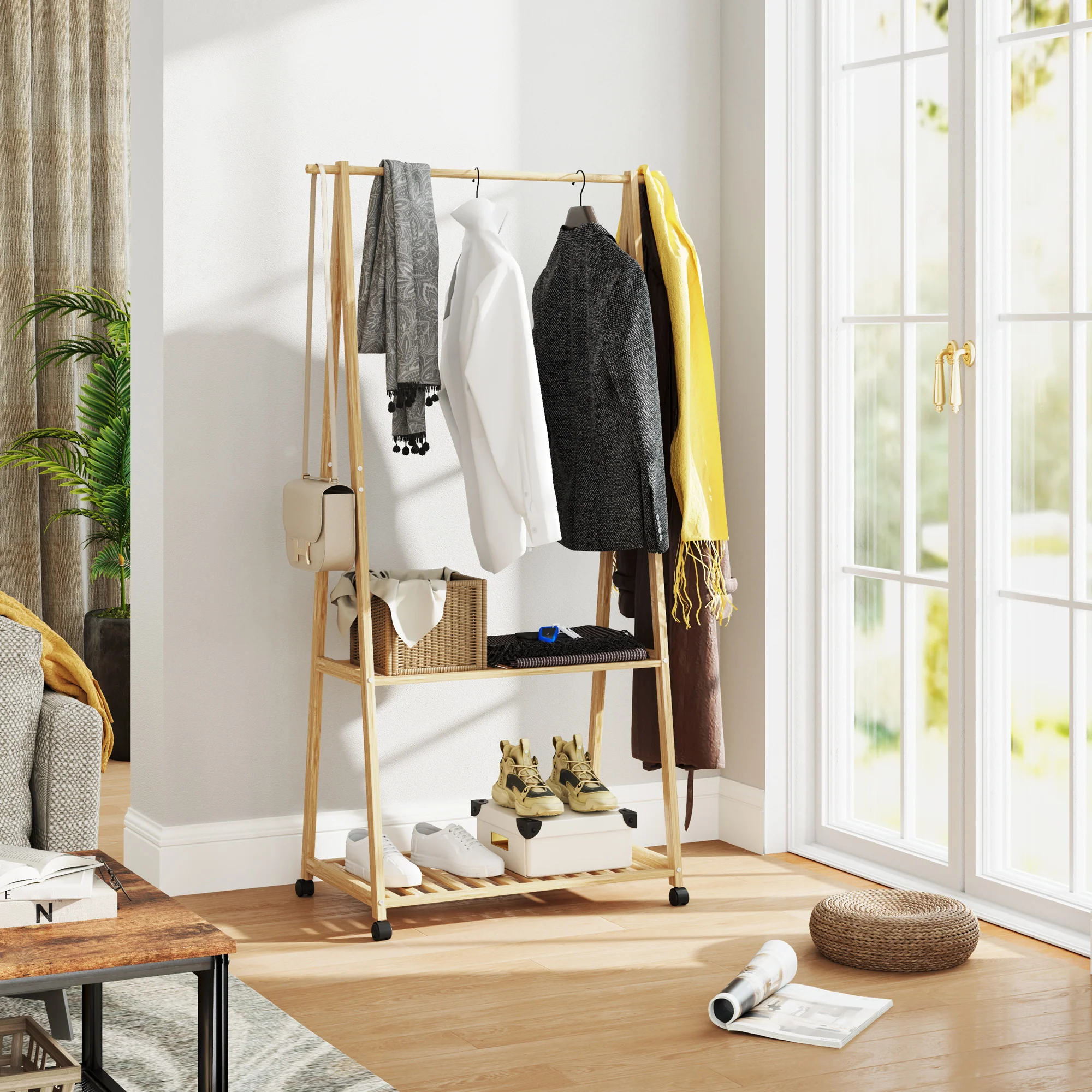 HOMCOM Bamboo Clothes Rail Rack with 2 Storage Shelves, Natural Wood Effect - Image 2