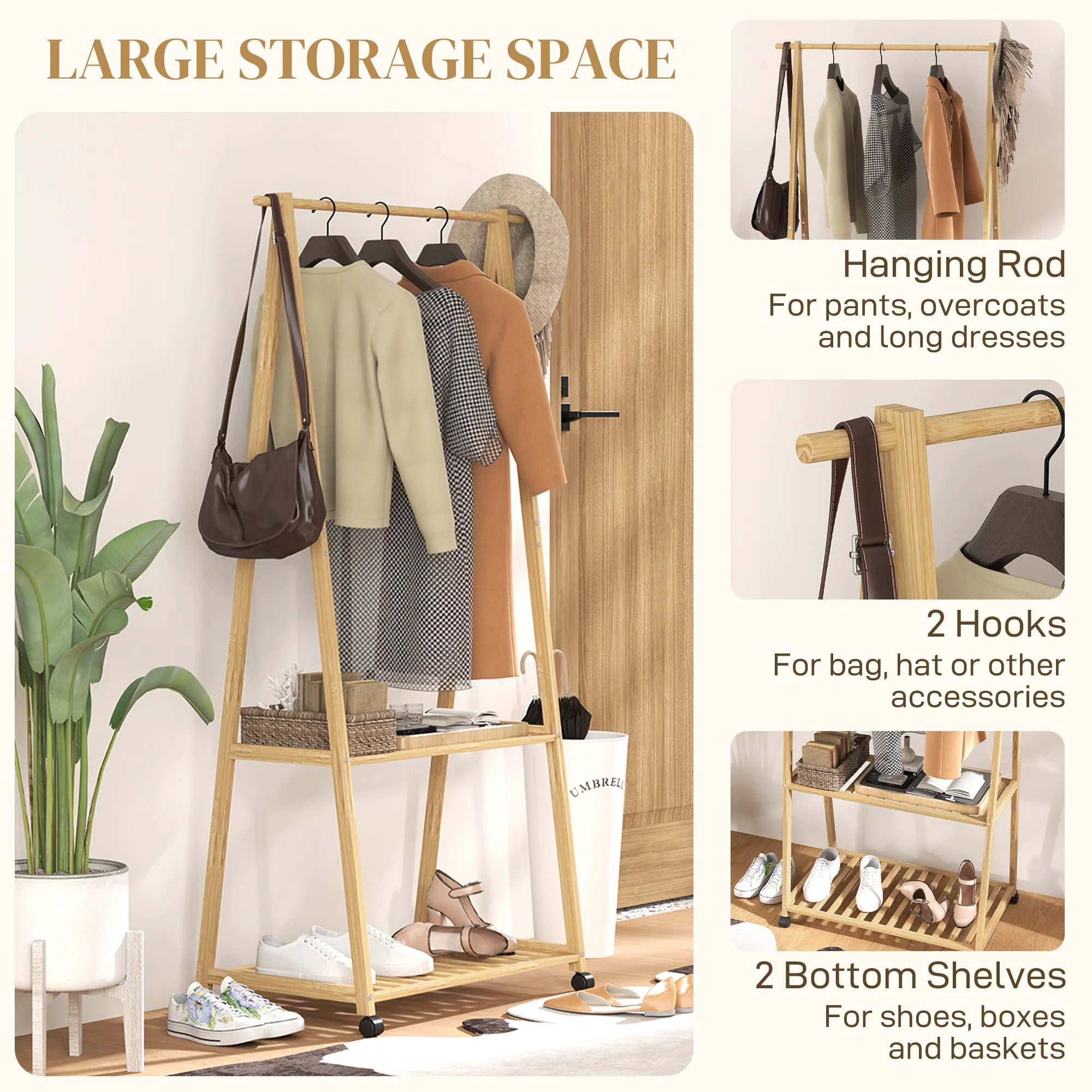 HOMCOM Bamboo Clothes Rail Rack with 2 Storage Shelves, Natural Wood Effect - Image 3