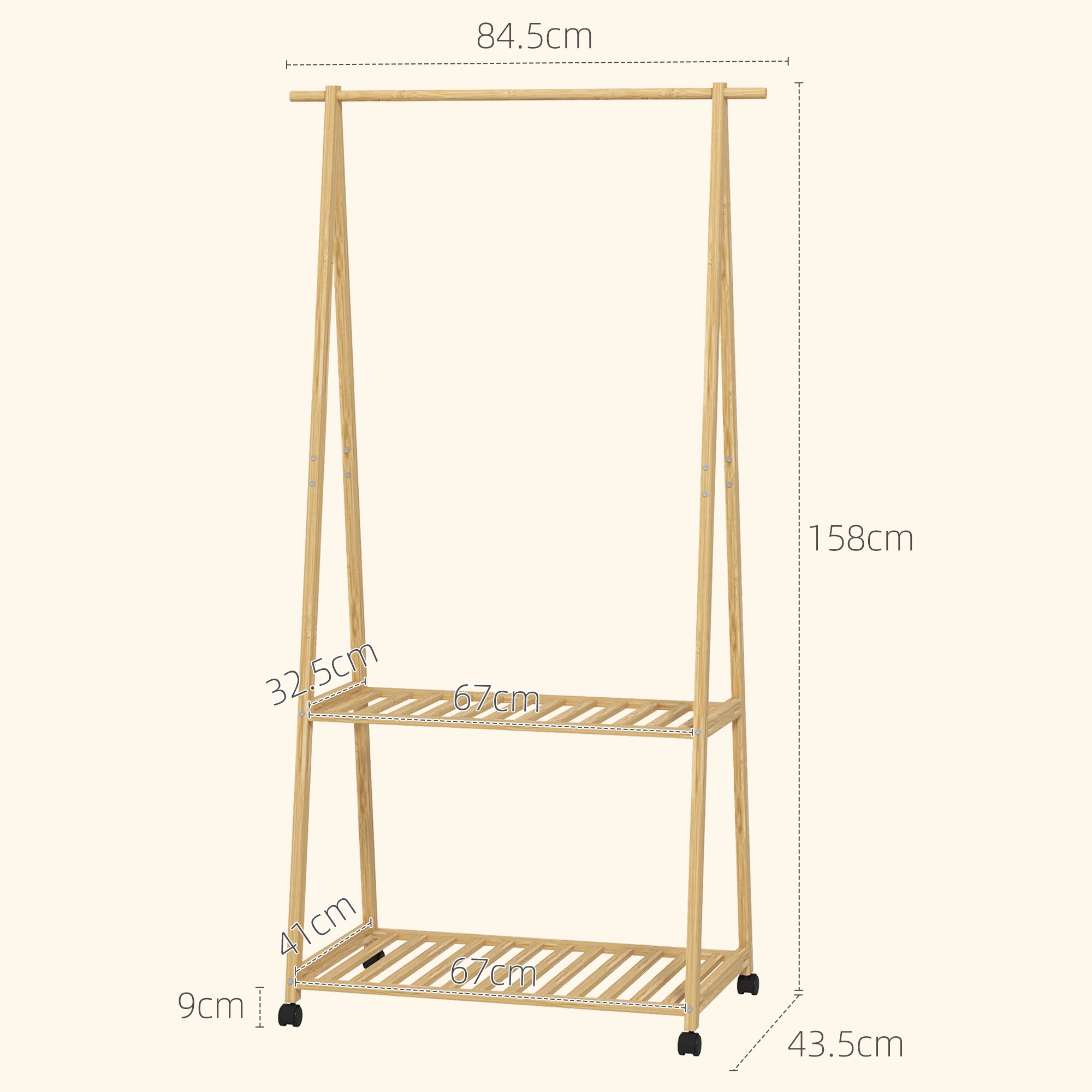 HOMCOM Bamboo Clothes Rail Rack with 2 Storage Shelves, Natural Wood Effect - Image 5