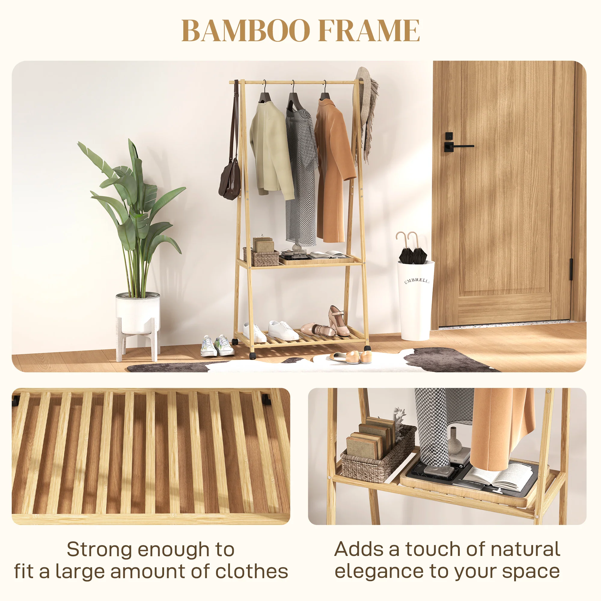 HOMCOM Bamboo Clothes Rail Rack with 2 Storage Shelves, Natural Wood Effect - Image 6