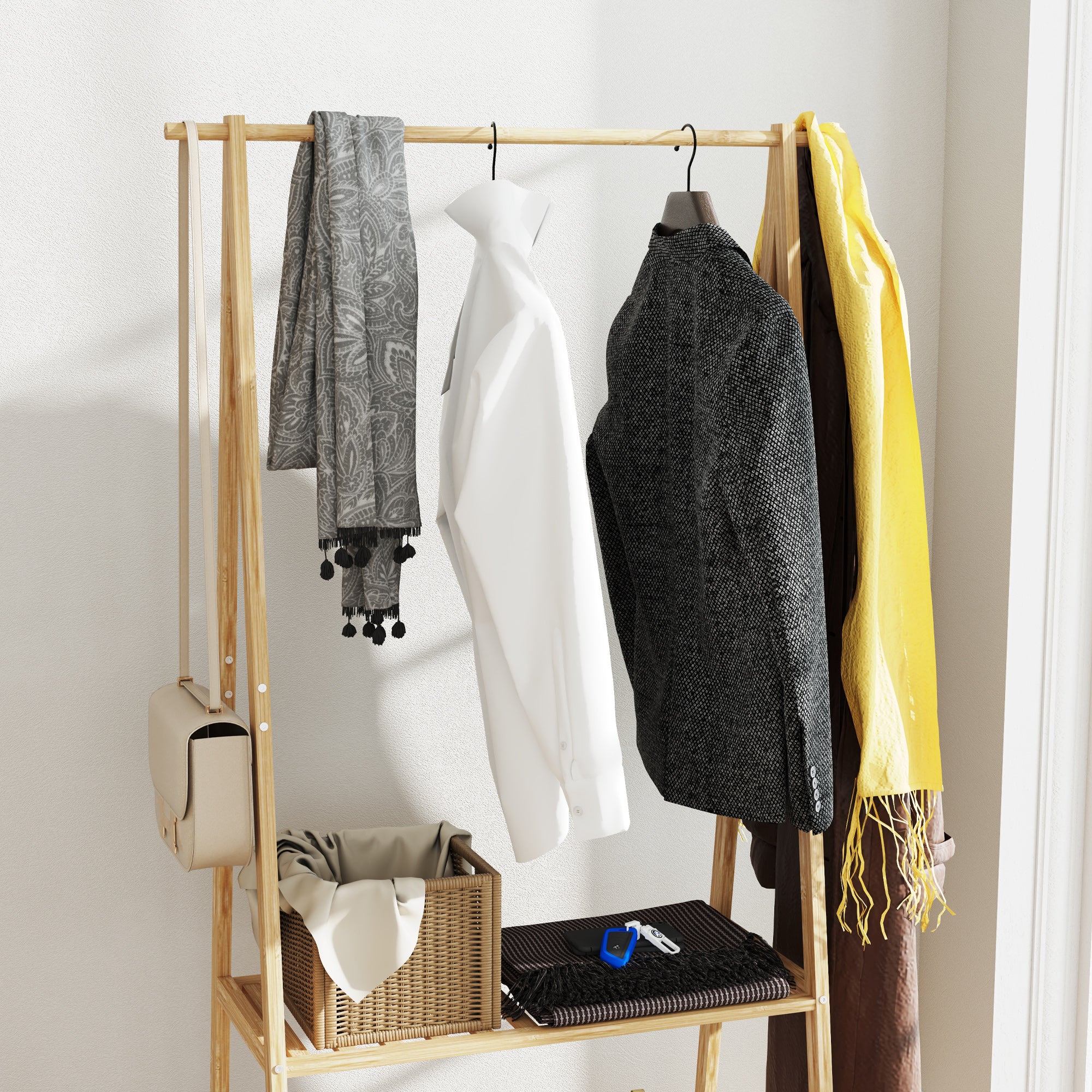 HOMCOM Bamboo Clothes Rail Rack with 2 Storage Shelves, Natural Wood Effect - Image 7