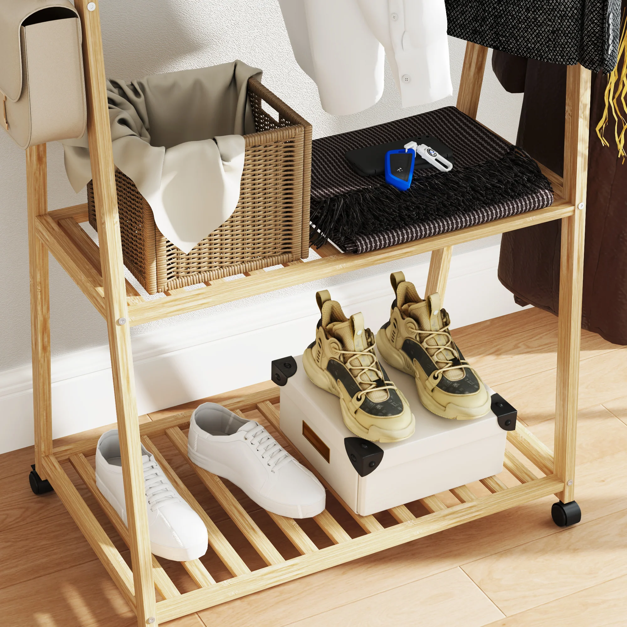 HOMCOM Bamboo Clothes Rail Rack with 2 Storage Shelves, Natural Wood Effect - Image 8