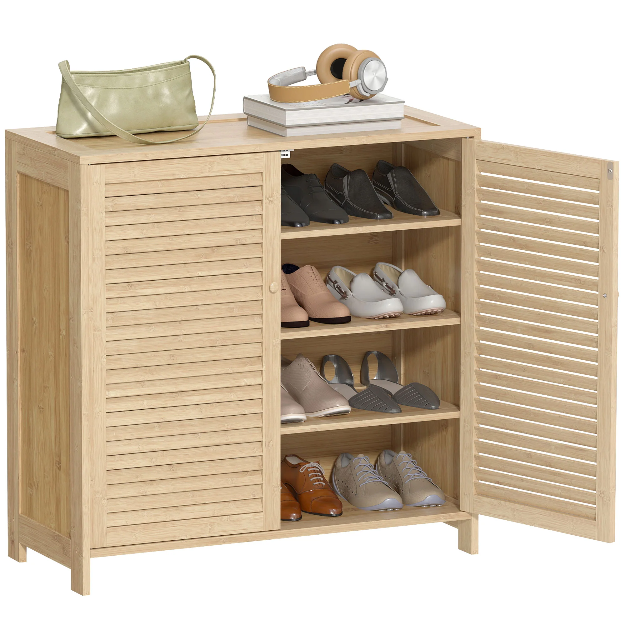 HOMCOM Bamboo Shoe Cabinet with Louvered Doors 14 Pairs Shoe Storage Cabinet