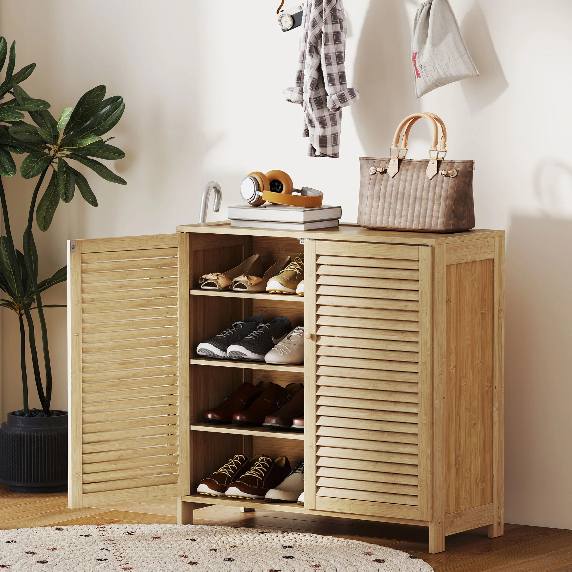 HOMCOM Bamboo Shoe Cabinet with Louvered Doors 14 Pairs Shoe Storage Cabinet - Image 2