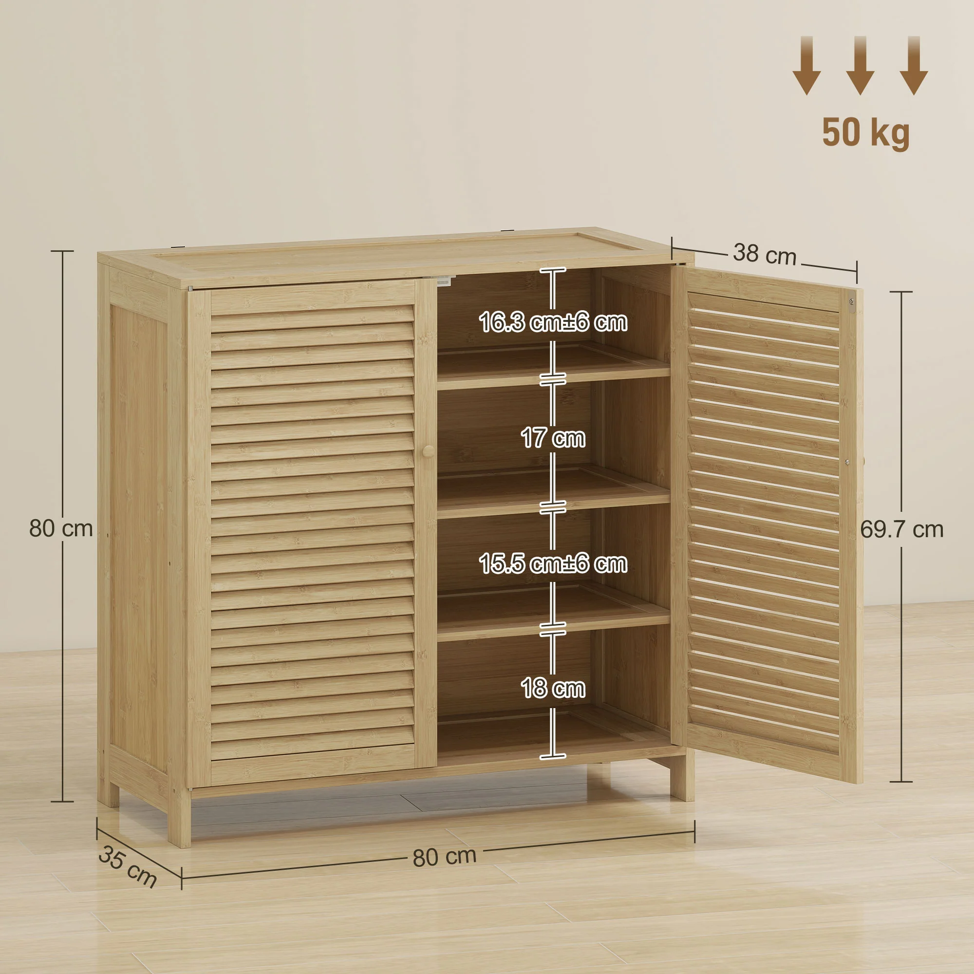 HOMCOM Bamboo Shoe Cabinet with Louvered Doors 14 Pairs Shoe Storage Cabinet - Image 3