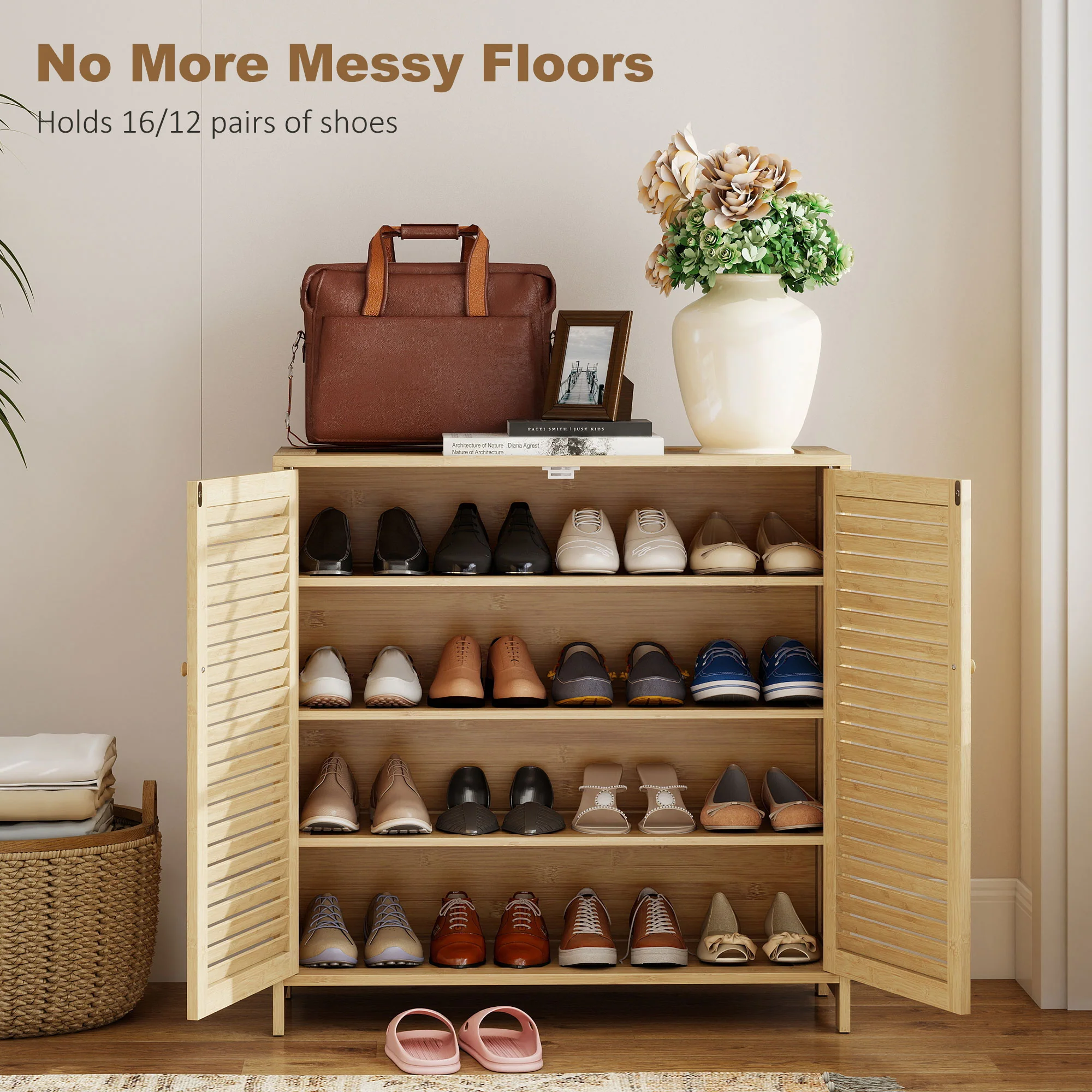 HOMCOM Bamboo Shoe Cabinet with Louvered Doors 14 Pairs Shoe Storage Cabinet - Image 4