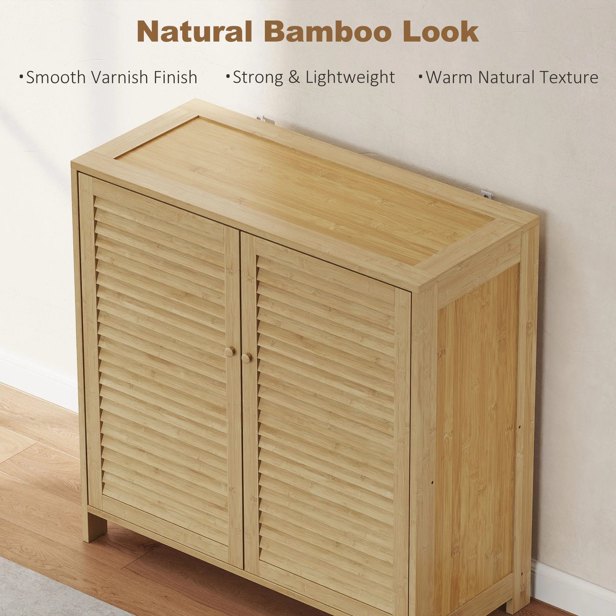 HOMCOM Bamboo Shoe Cabinet with Louvered Doors 14 Pairs Shoe Storage Cabinet - Image 5