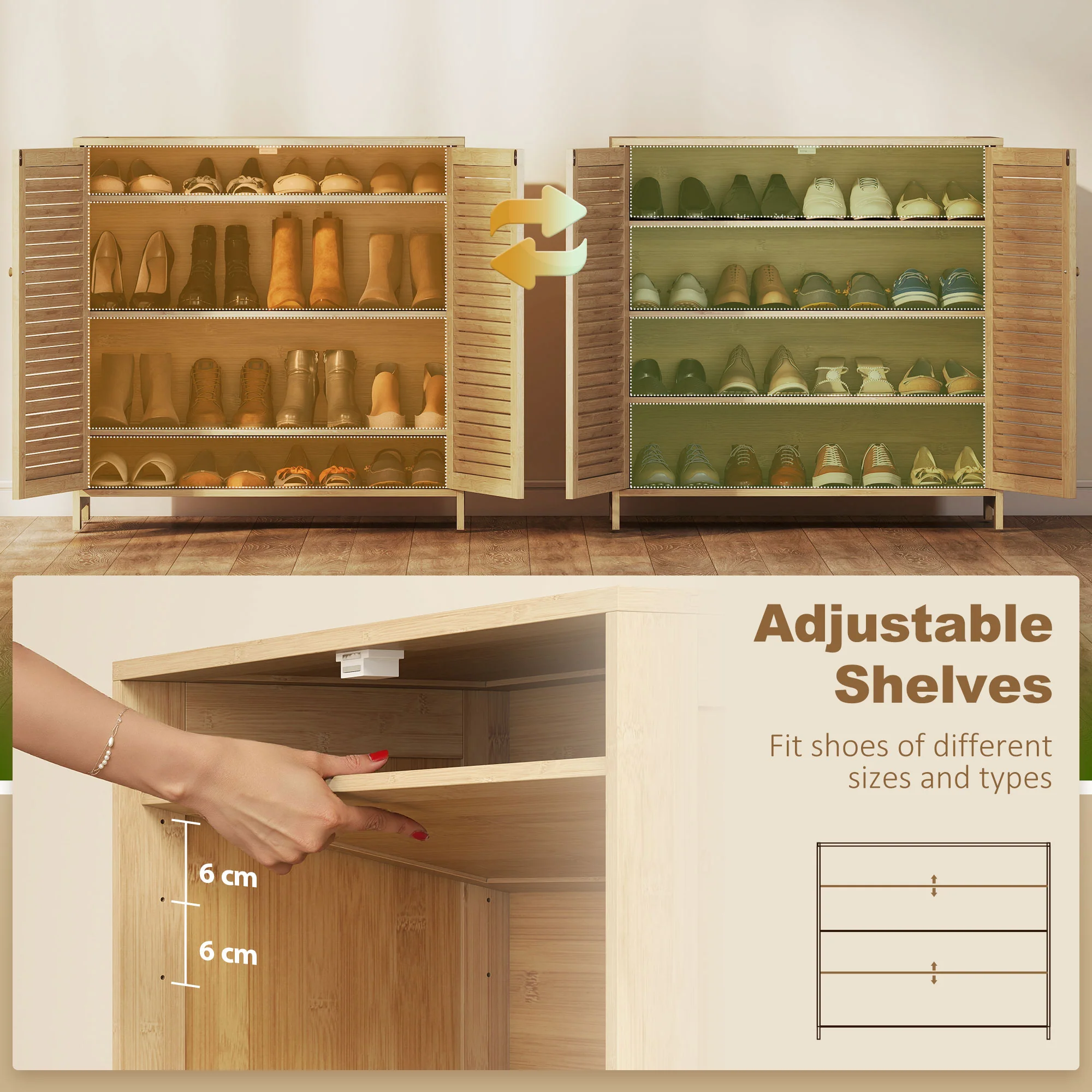 HOMCOM Bamboo Shoe Cabinet with Louvered Doors 14 Pairs Shoe Storage Cabinet - Image 6