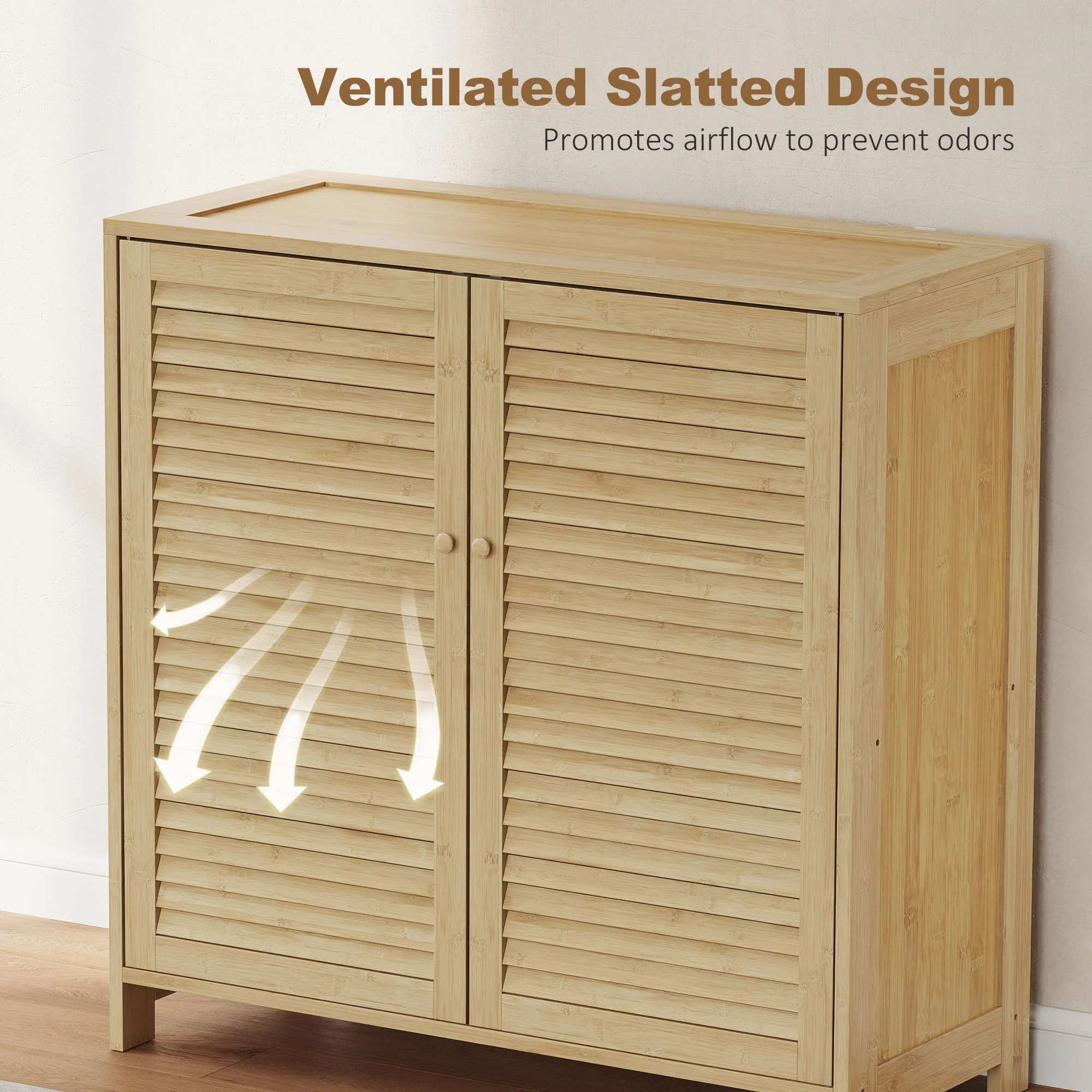 HOMCOM Bamboo Shoe Cabinet with Louvered Doors 14 Pairs Shoe Storage Cabinet - Image 7