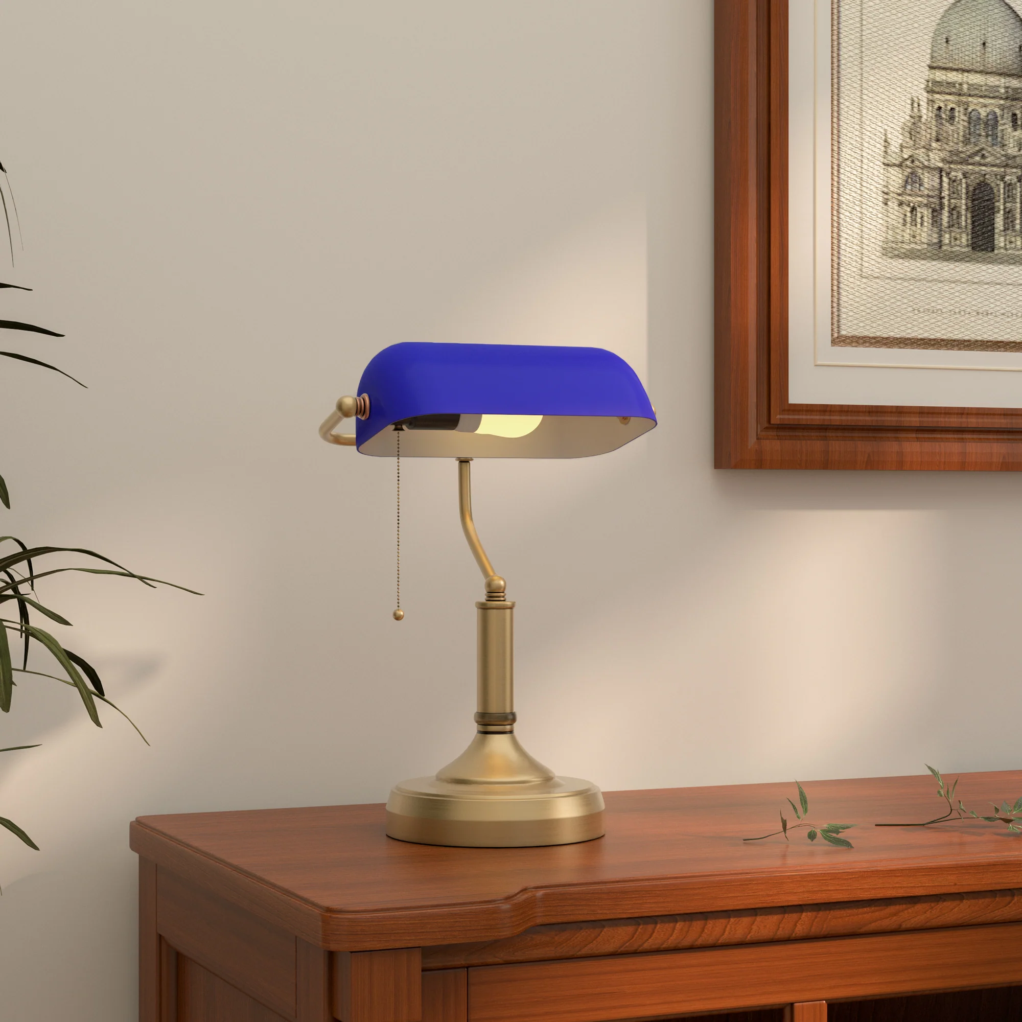 HOMCOM Banker's Table Lamp W/ Antique Bronze Tone Base, White/Blue - Image 11