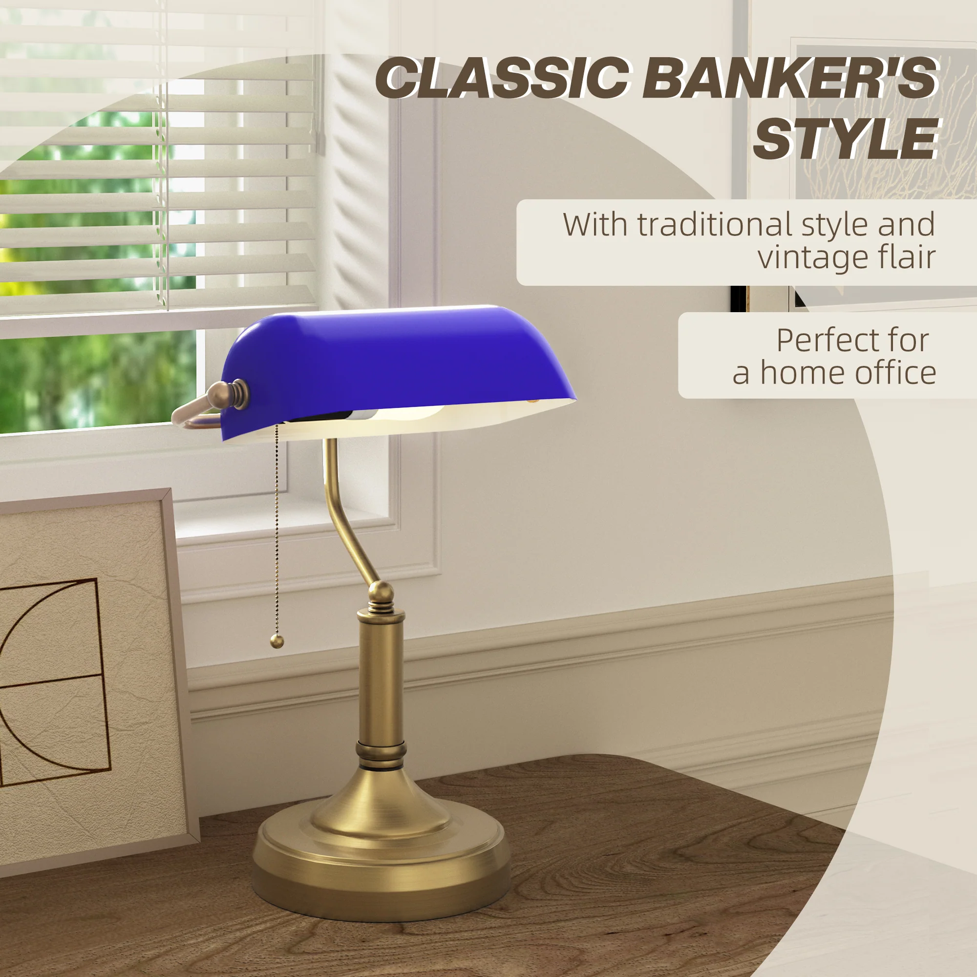 HOMCOM Banker's Table Lamp W/ Antique Bronze Tone Base, White/Blue - Image 12