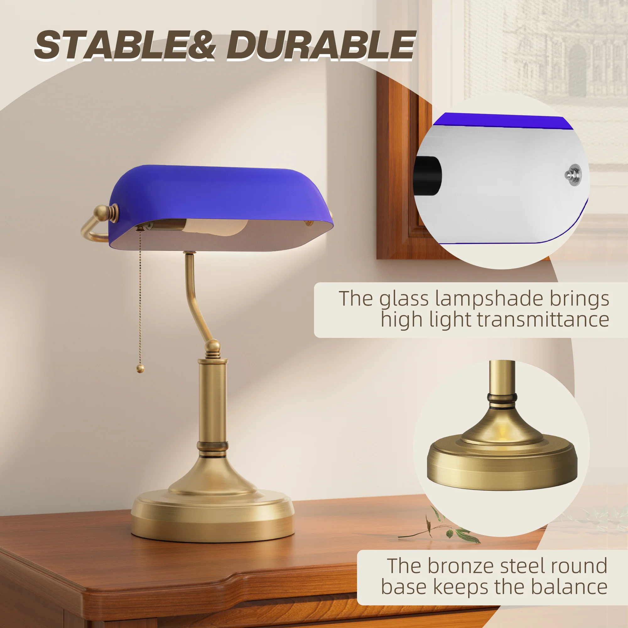 HOMCOM Banker's Table Lamp W/ Antique Bronze Tone Base, White/Blue - Image 13