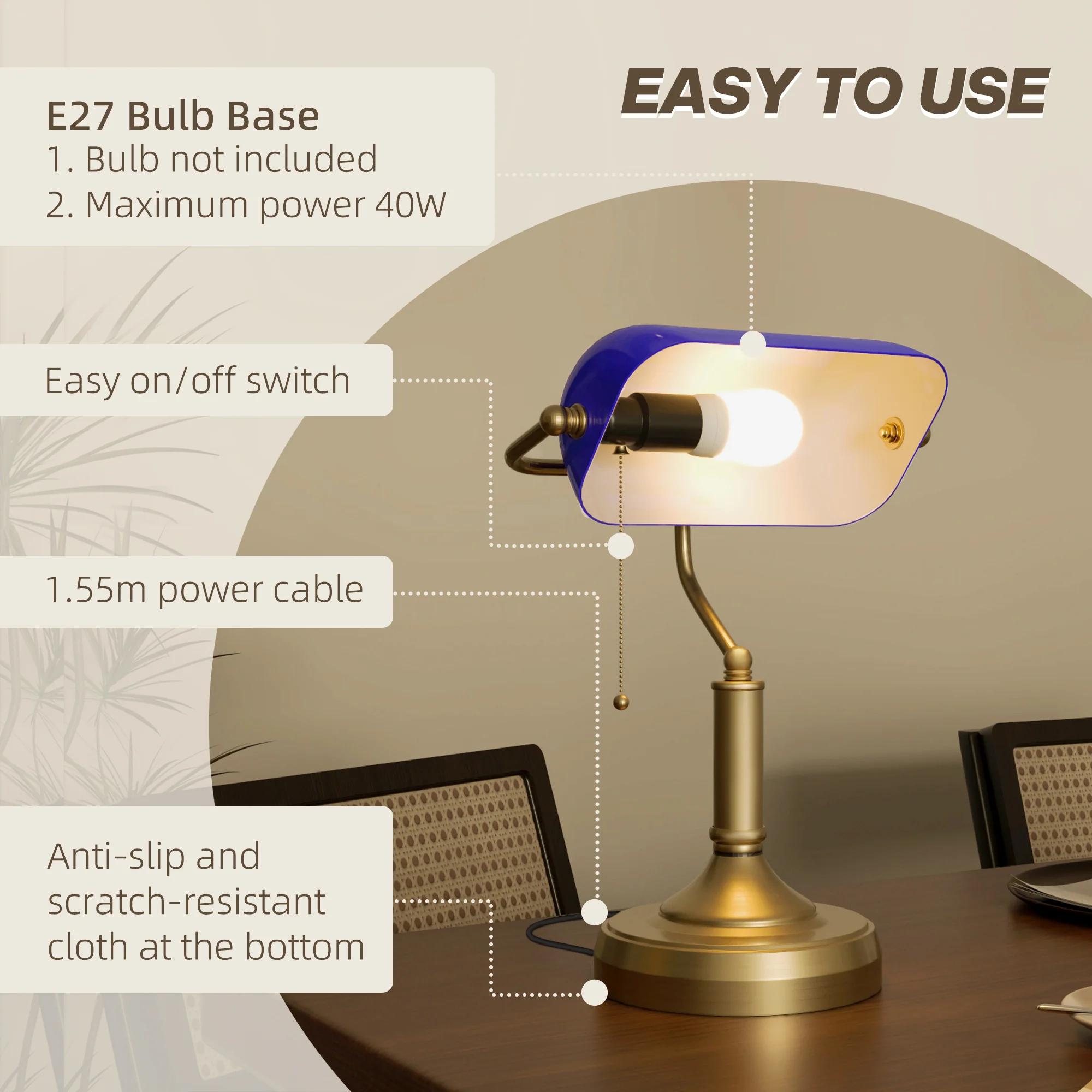 HOMCOM Banker's Table Lamp W/ Antique Bronze Tone Base, White/Blue - Image 15